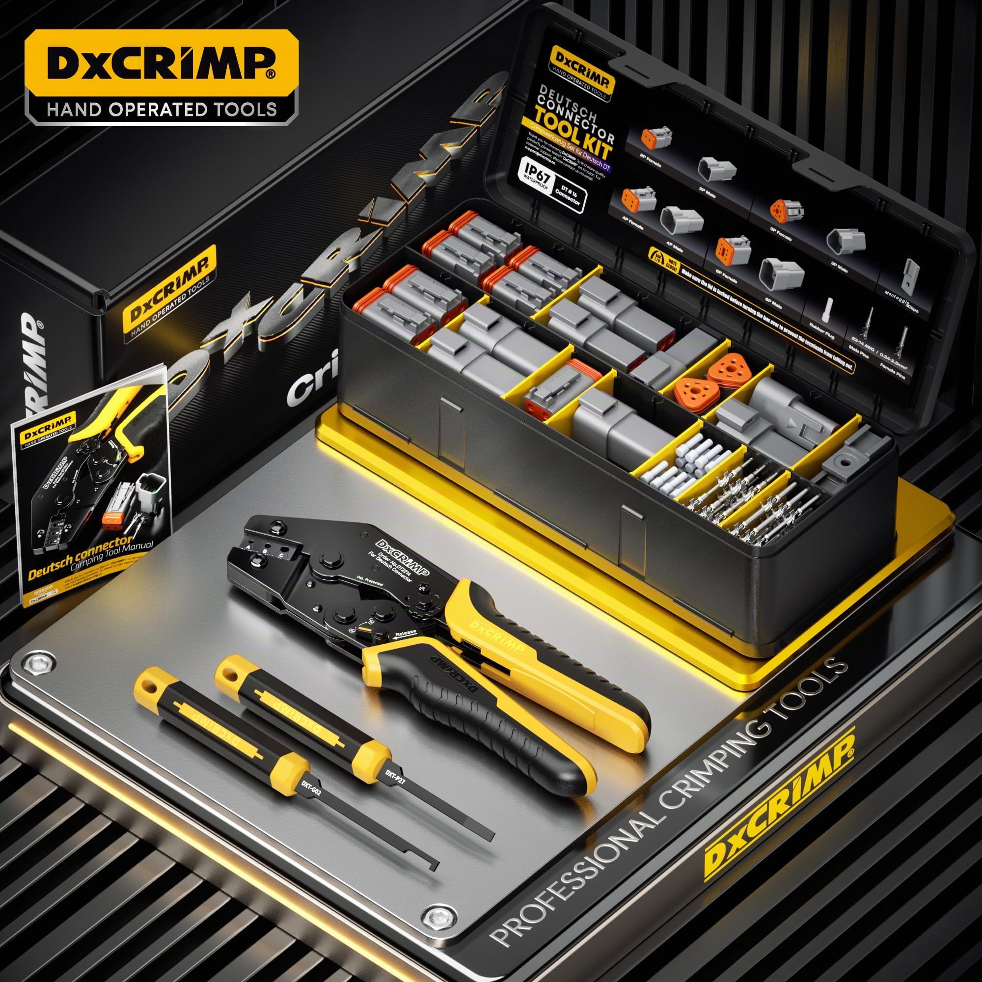 DxCRIMP Kit Pinza Crimpatrice per Connettori Serie DT, Connettori Impermeabili 2-6 Pin, Contatti Stampati (22–14AWG/0,34-2,5mm²), Cricchetto e Utensili Rimozione Auto Barca, Compatibile con Deutsch DT