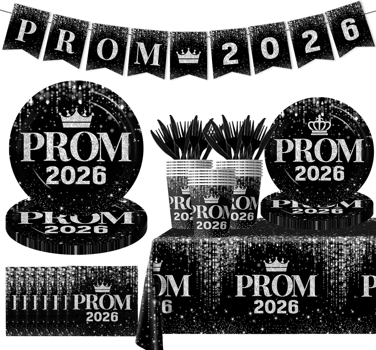Prom Send Off Decorations 2026 Tableware, Silver Prom Decorations 2026 with Plates and Prom Napkins 2026, Black and Silver Prom Plates and Napkins Party Supplies for Class of 2025 Prom Party