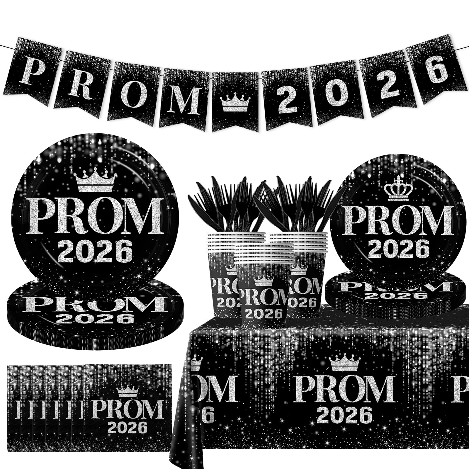 Prom Send Off Decorations 2026 Tableware, Silver Prom Decorations 2026 with Plates and Prom Napkins 2026, Black and Silver Prom Plates and Napkins Party Supplies for Class of 2025 Prom Party