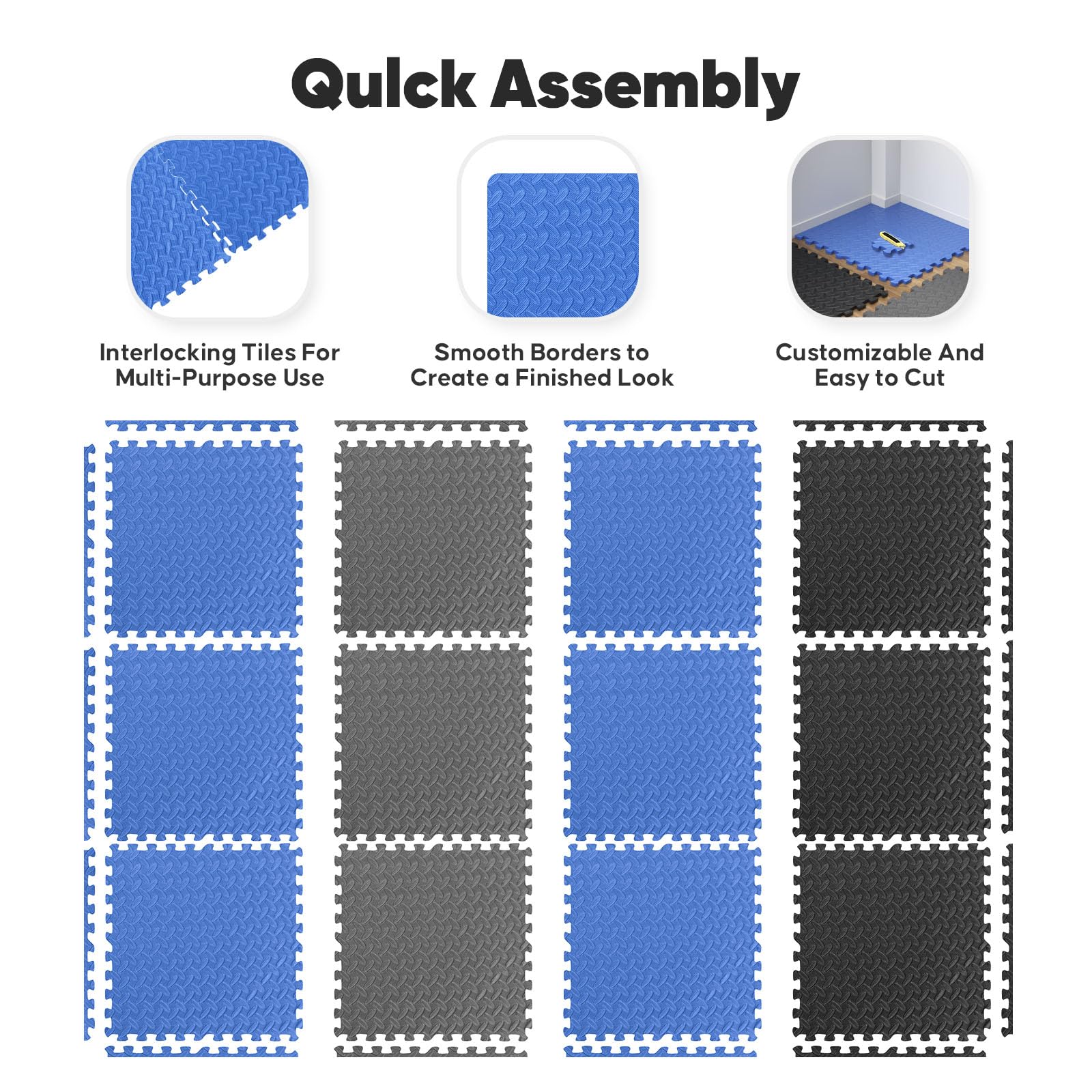 Home Gym Mat, Puzzle Exercise Mat, EVA Interlocking Foam Floor Tiles for Home Workout Equipment and Kids' Play Areas - Black, 24 in x 24 in x ½ in - 16 Tiles (Black, 16 Pack, 64 SQ FT)