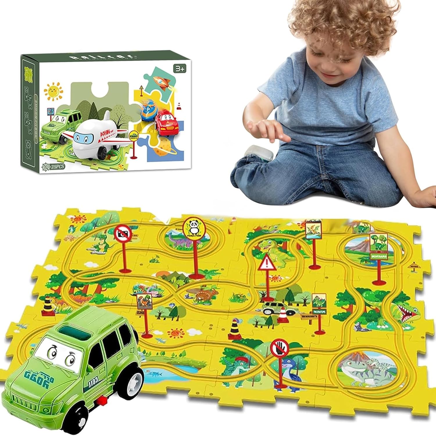 25PCS Puzzle Racer Kids Car Track Set, Dinosaur Jigsaw Puzzle Racer Car Track Set Puzzle Track Car Play Set Preschool Gifts for Kids Christmas Birthday Gift for Boys Girls Dinosaur-25pcs