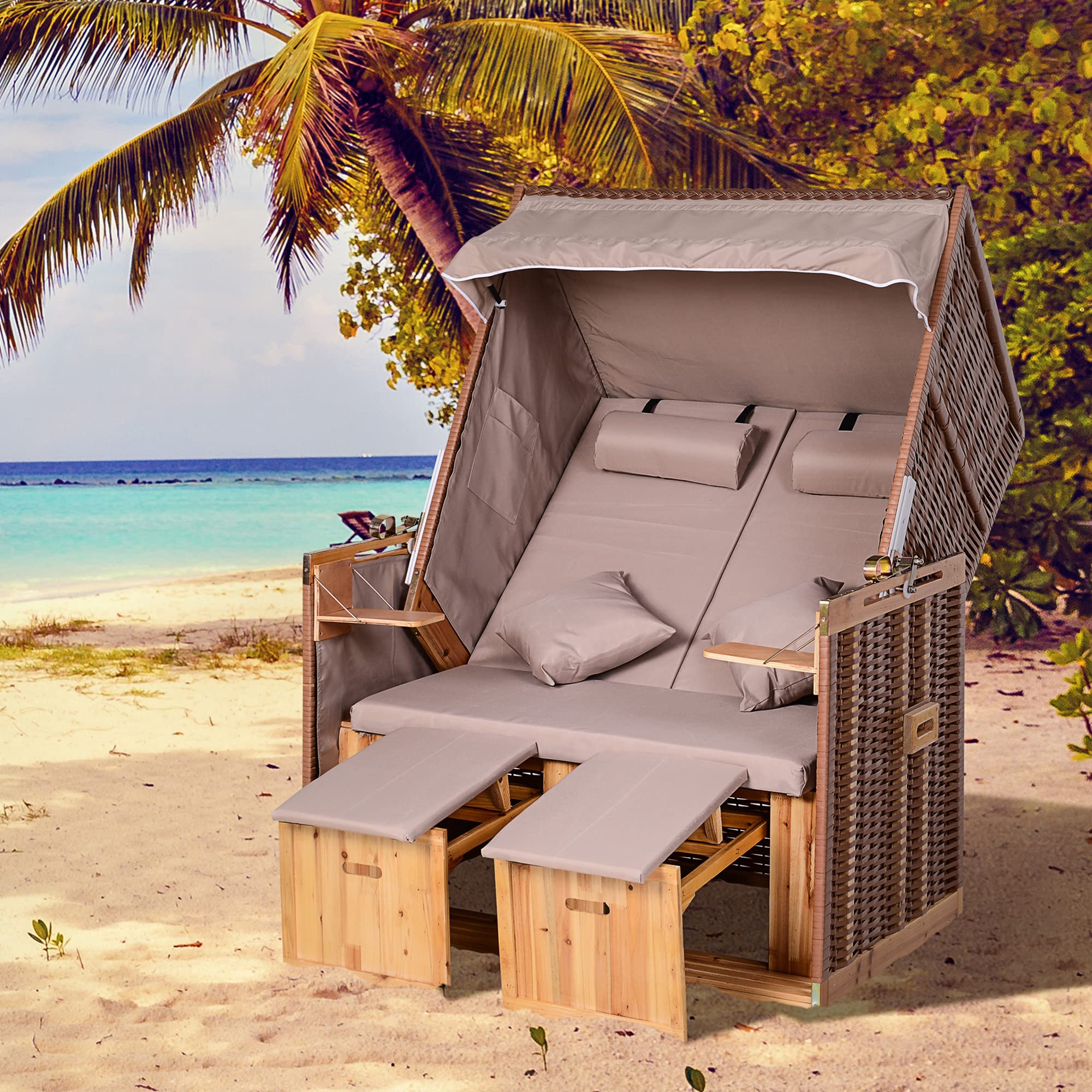 Outsunny Corbeille de Plage 2 Places - Cabine Chaise de Plage inclinable - abri Plage strandkorb - Coussins, Repose-Pieds, tablettes, Pare-Soleil - Bois résine tressée Polyester Taupe