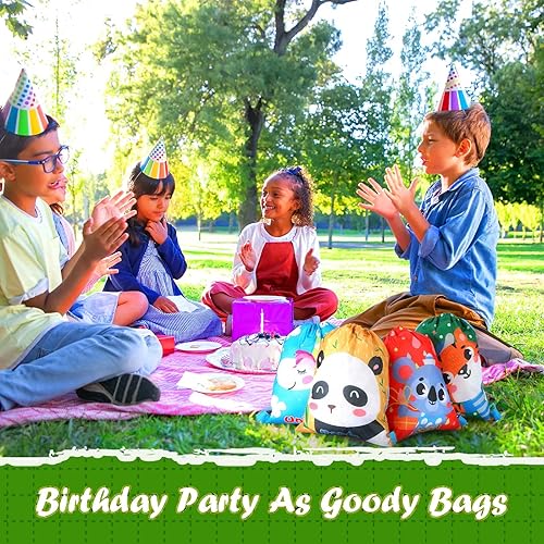 Miniatura 7 de Shappy 12 bolsas con cordón de animales de la selva con estampado de animales de dibujos animados, bolsas de recuerdos de fiesta para niños, safari,