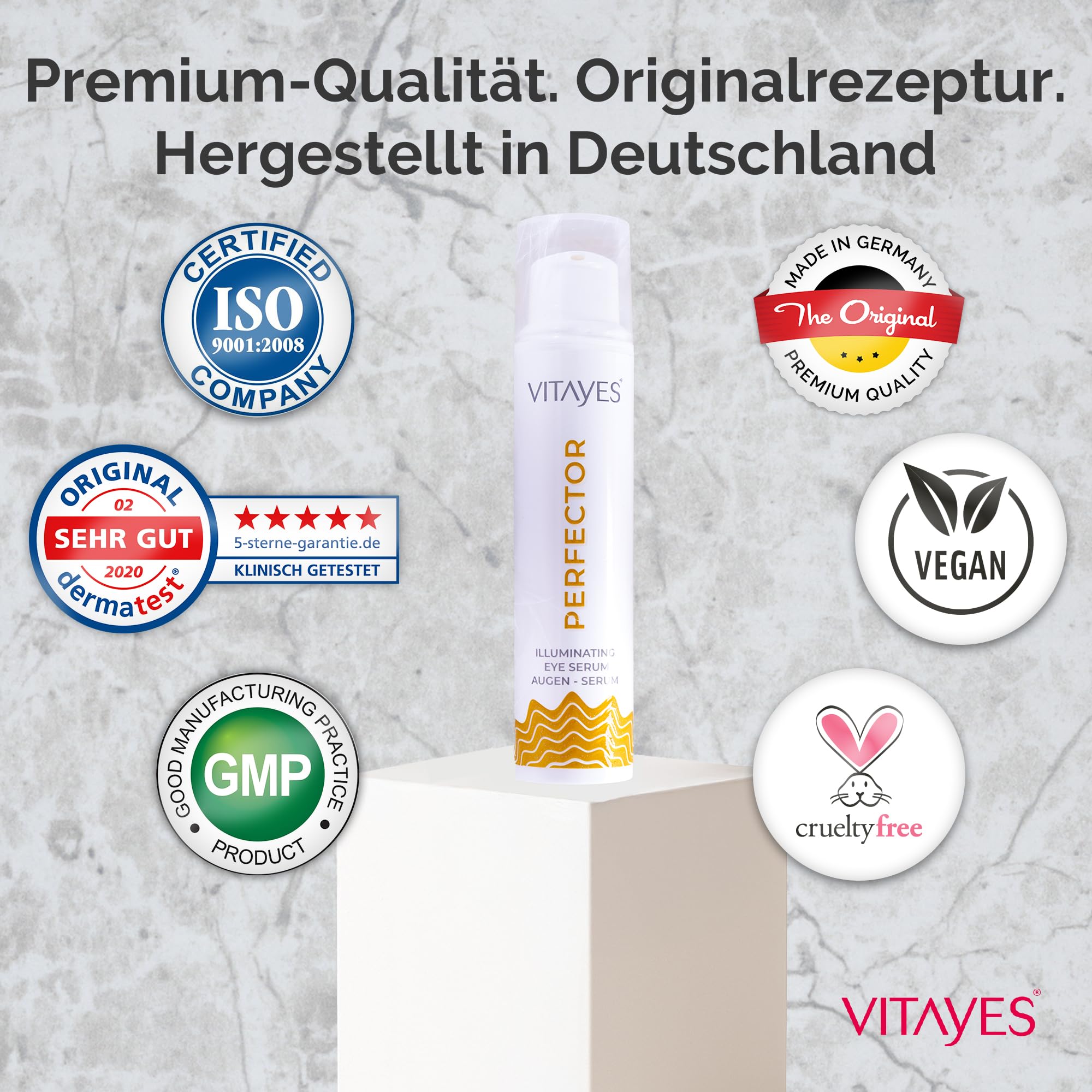 Vitayes Perfector Augenserum – Anti-Aging Serum gegen Augenringe, Tränensäcke & Falten – Straffendes Augenpflege-Gel mit Soforteffekt – Vegan, 15 ml