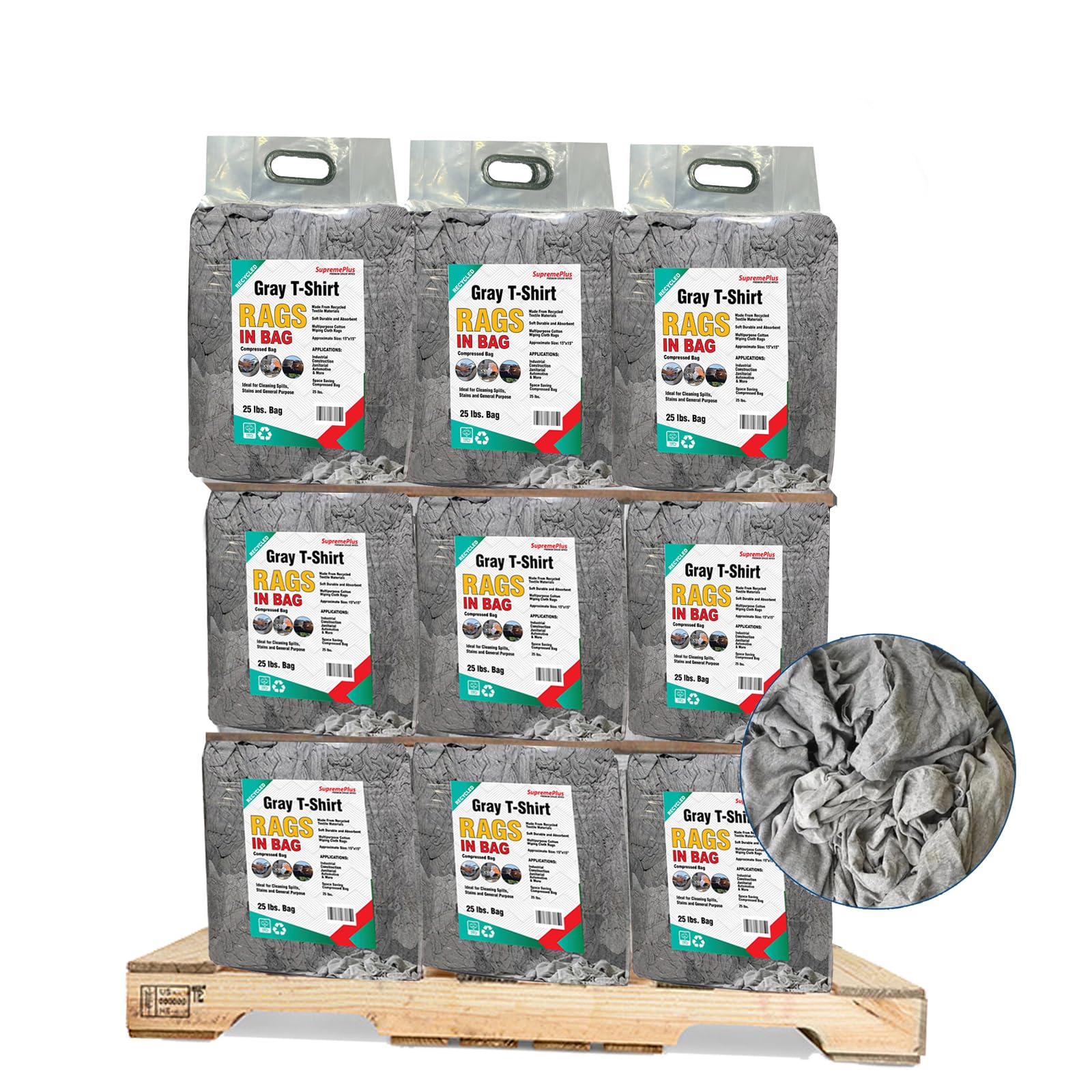 Recycled Gray T-Shirt Rags 600 lb Pallet 24 x 25 lb Bags Bulk Industrial Cotton Cloths for Cleaning