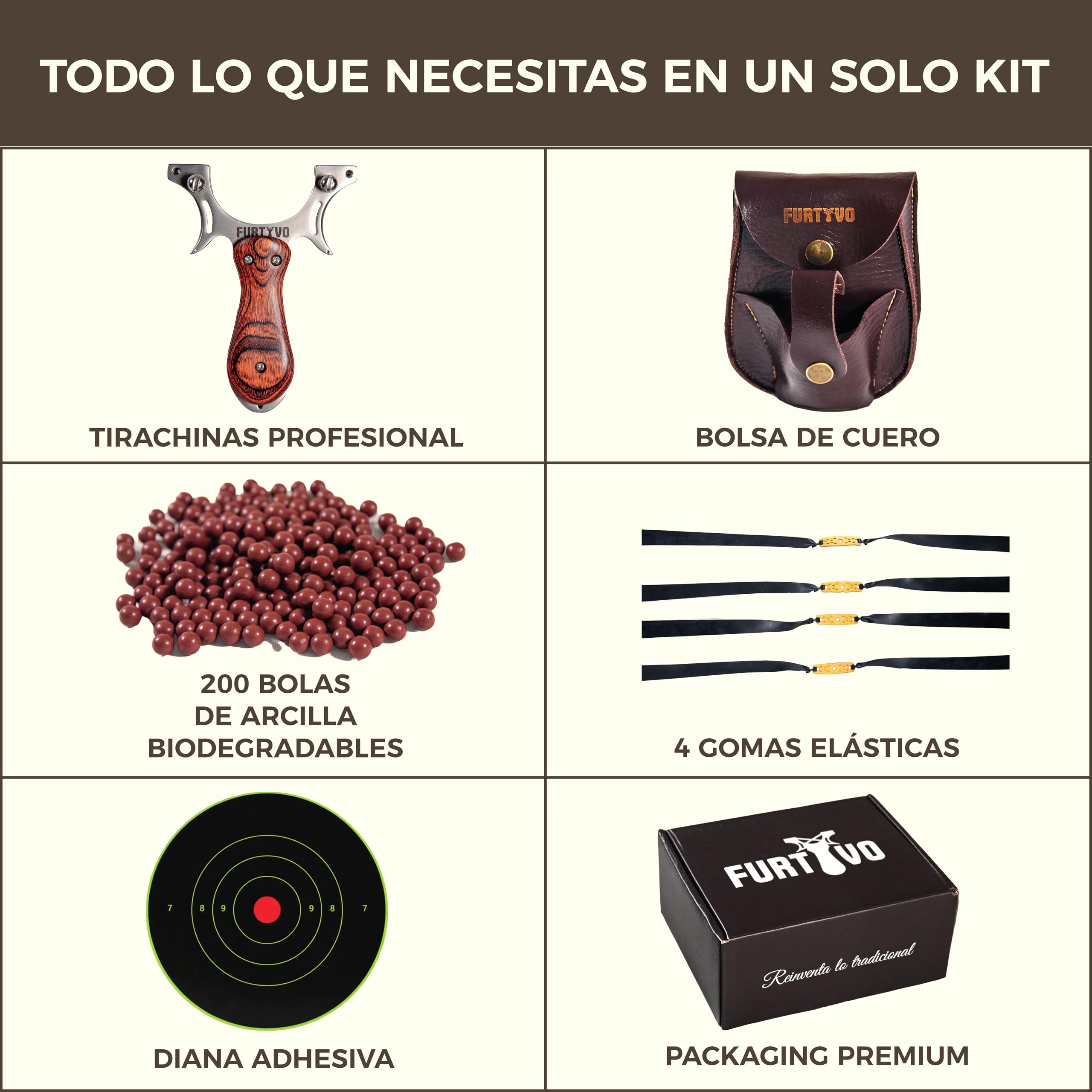 Tirachinas Clásico, Bolsa de Cuero, 4 Gomas Elásticas, 200 Bolas Munición de Arcilla | Packaging Premium