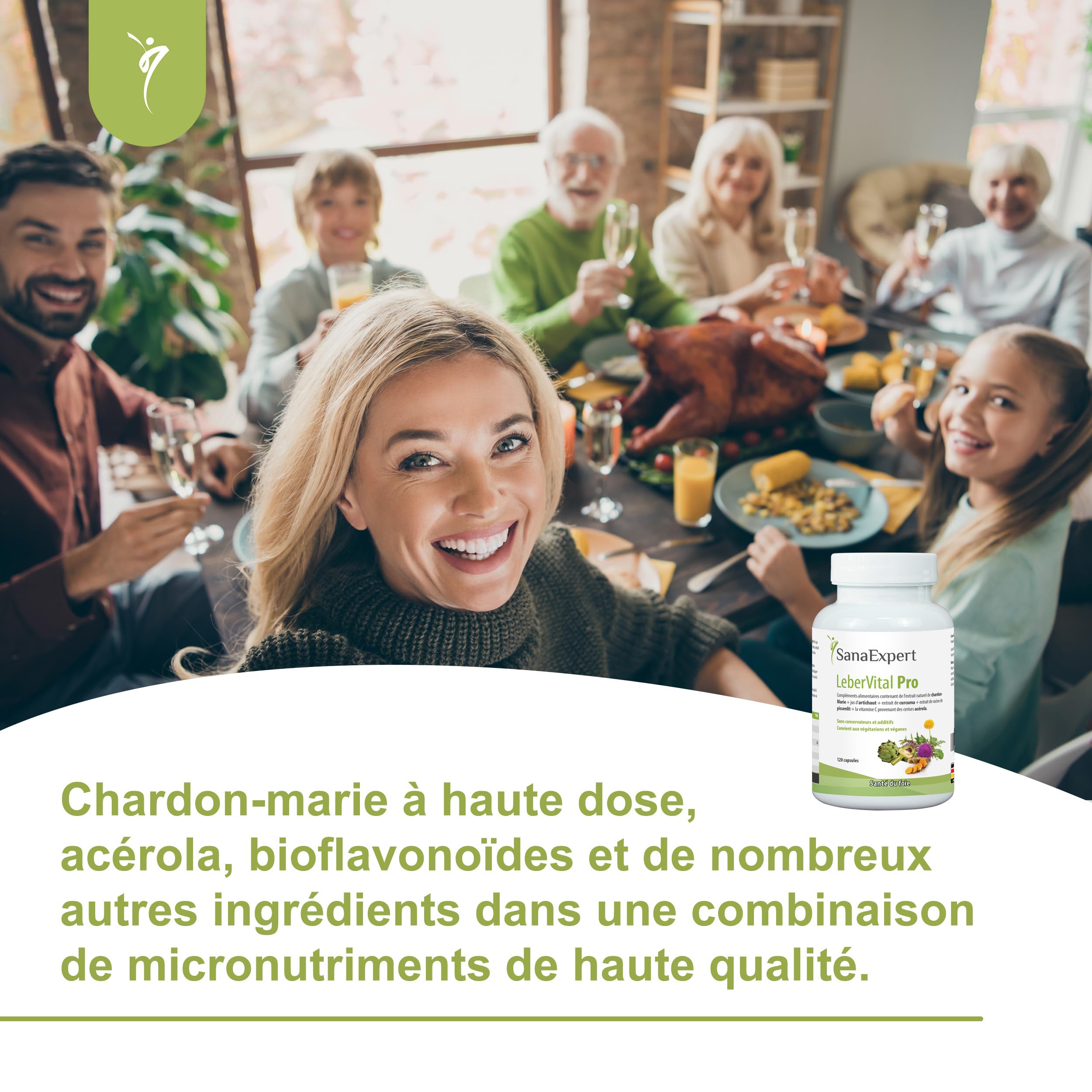 SanaExpert LeberVital Pro | Chardon-Marie titré à 70% de silymarine, Curcuma, Artichaut, Pissenlit & Vitamine C (acérola) | 120 gélules vegan, sans gluten ni lactose | Fabriqué en Allemagne