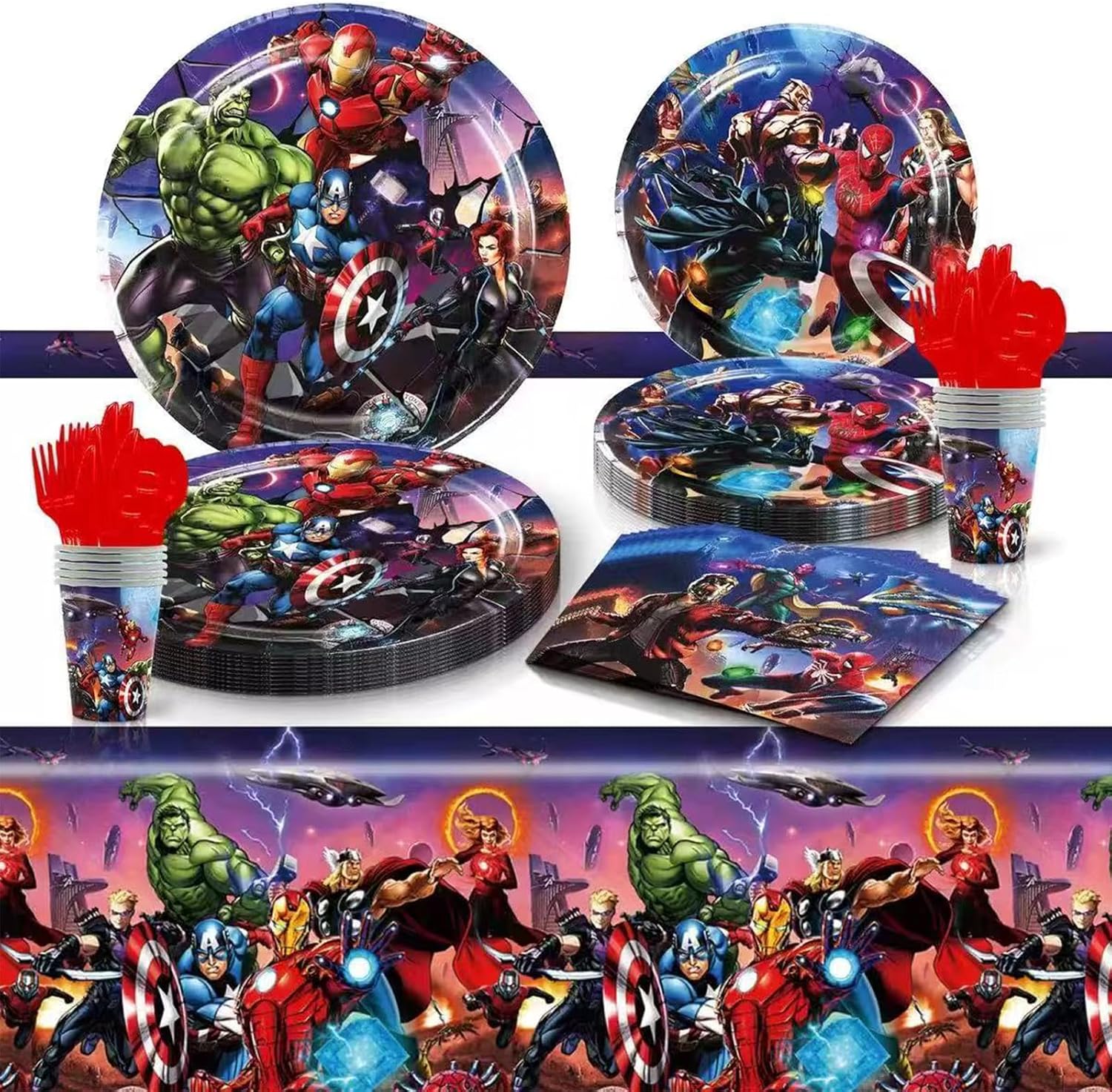 111 Psc superhero Birthday Party Supplies Set, Avengers Theme, Plates, Cups, Utensils, Napkins, Tablecloth