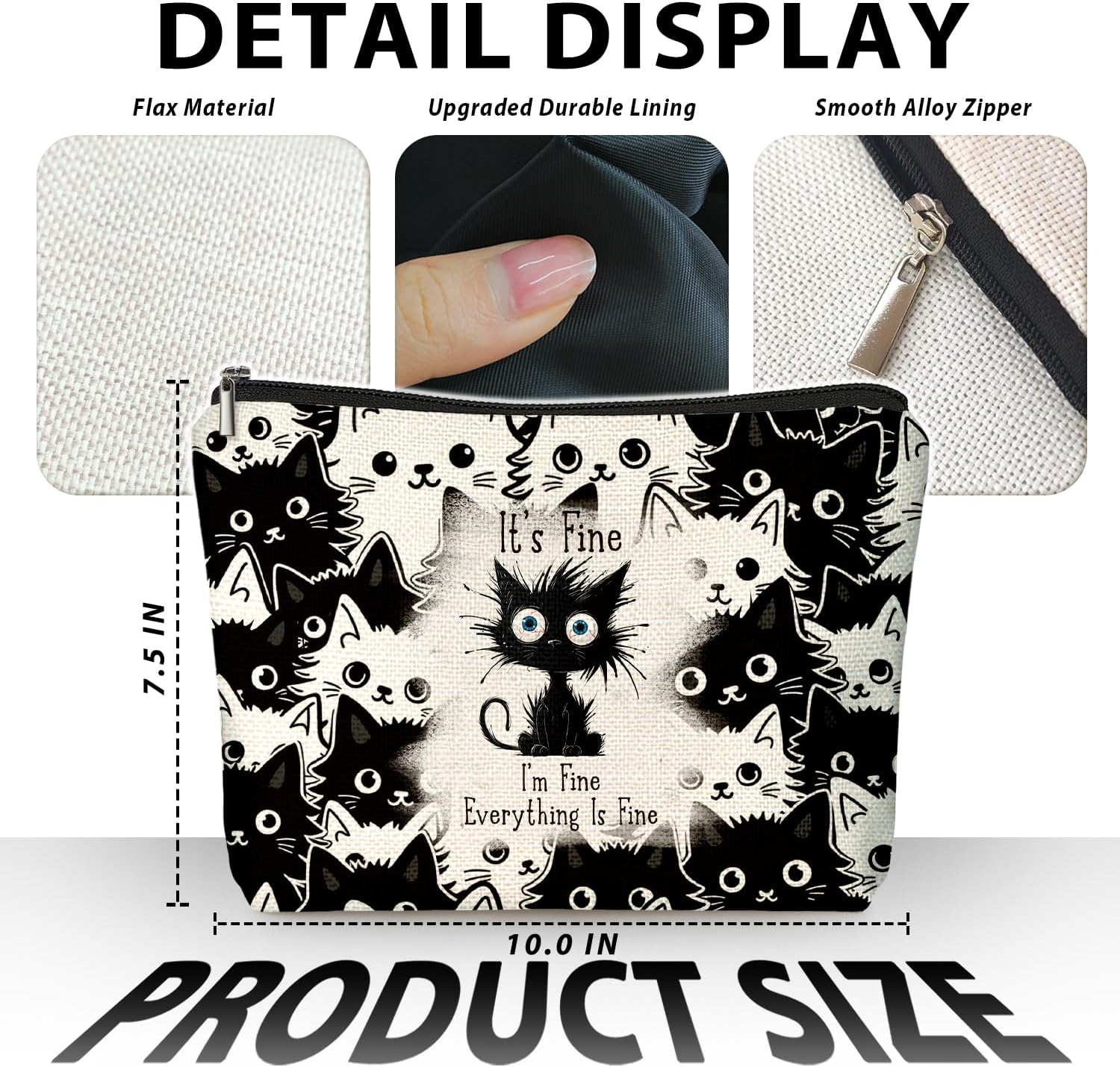 Funny Cat Makeup Bag for Women & Teen Girls, It's Fine I'm Fine Everything Fine Travel Pouches for Toiletries, Kitty Cosmetic Zipper Travel Toiletry Bag, Cute Black Cat Gifts for Cats Gifts Lovers - Image 2