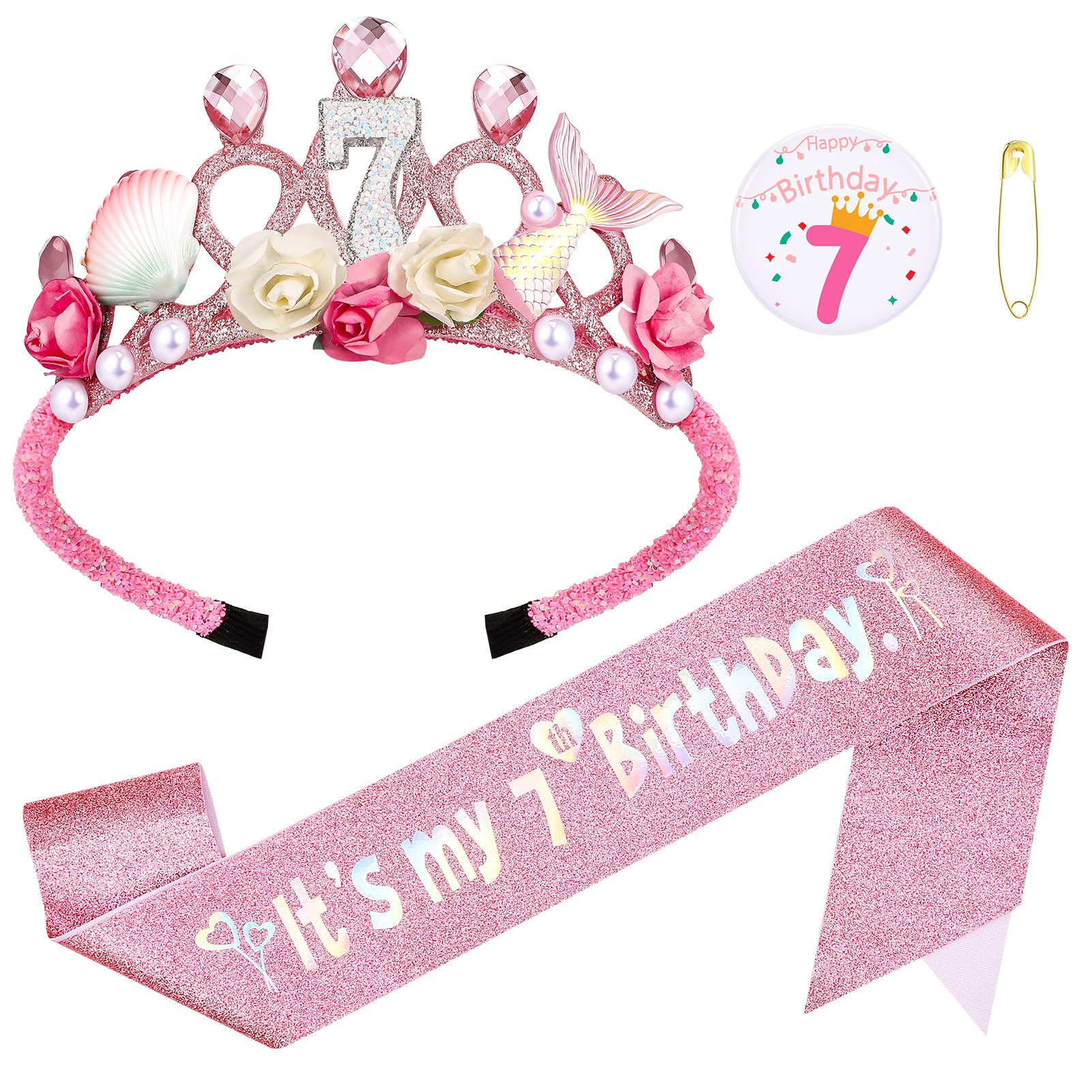 GSrenyu 7th Birthday Decorations for Girls,Mermaid Themed Birthday Girl Headband Tiara,Birthday Girl Sash & 7th Birthday Badge,7th Birthday Party Accessory Set