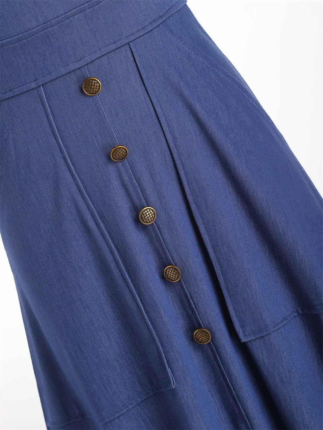 Vestito prendisole da donna in denim lavorato a maglia con tasche tinta unita con bottoni finti a vita alta
