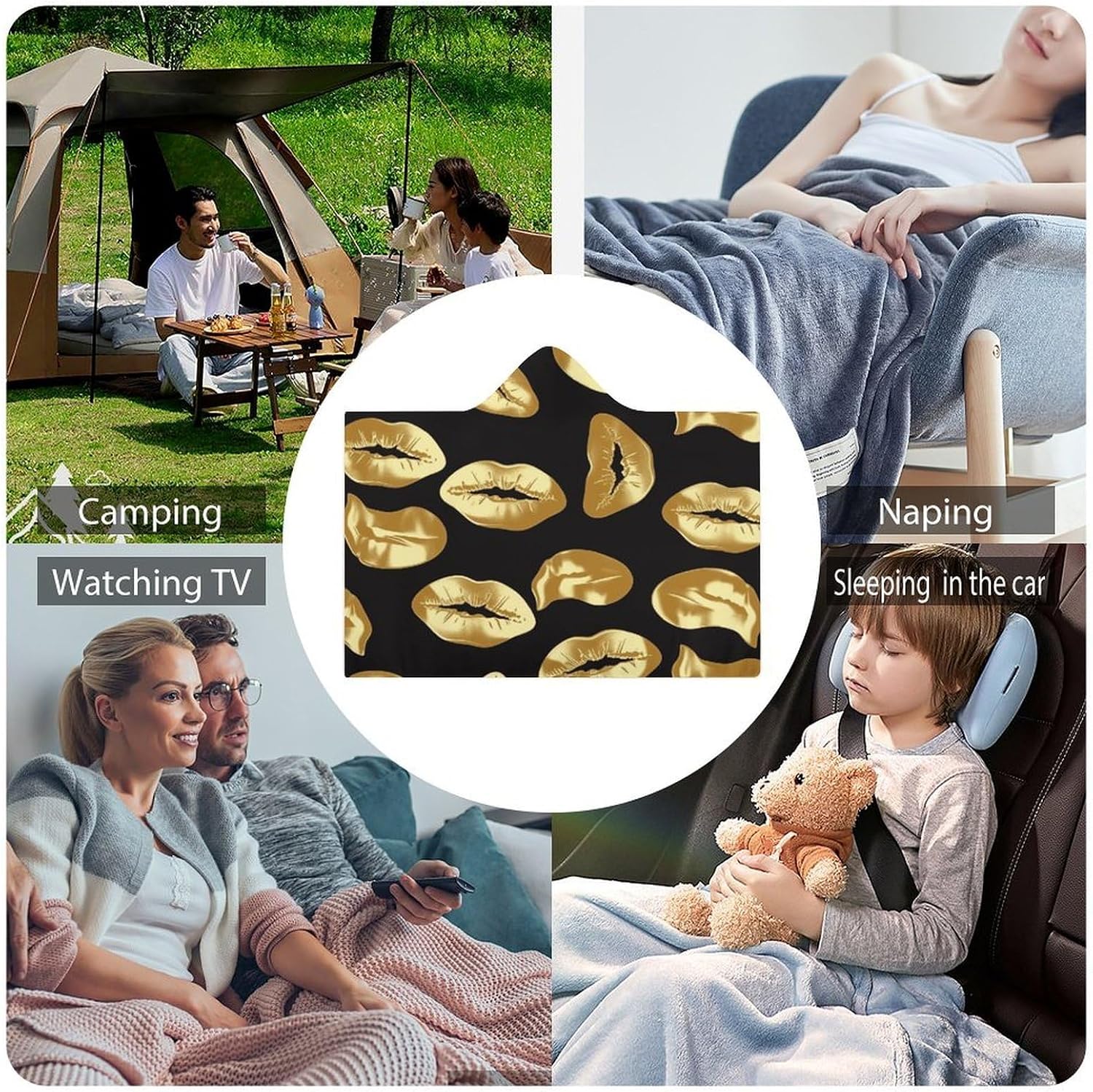 Gold Lips Hooded Blanket Cozy And Functional,Wearable Blanket Hoodie for Women Men,Blanket Poncho Presents50 x60