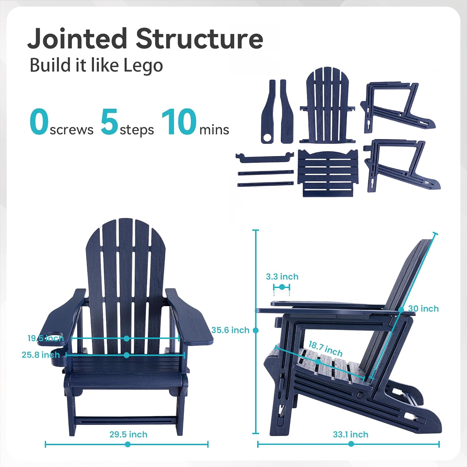 COSIEST Adirondack Chair, Screw-Free HDPE Oversized Outdoor Adirondack Chairs with Cup Holder, Wood Grain Finish Weatherproof Patio Lawn Chair for Lawn Garden Backyard Poolside Balcony, Navy Blue
