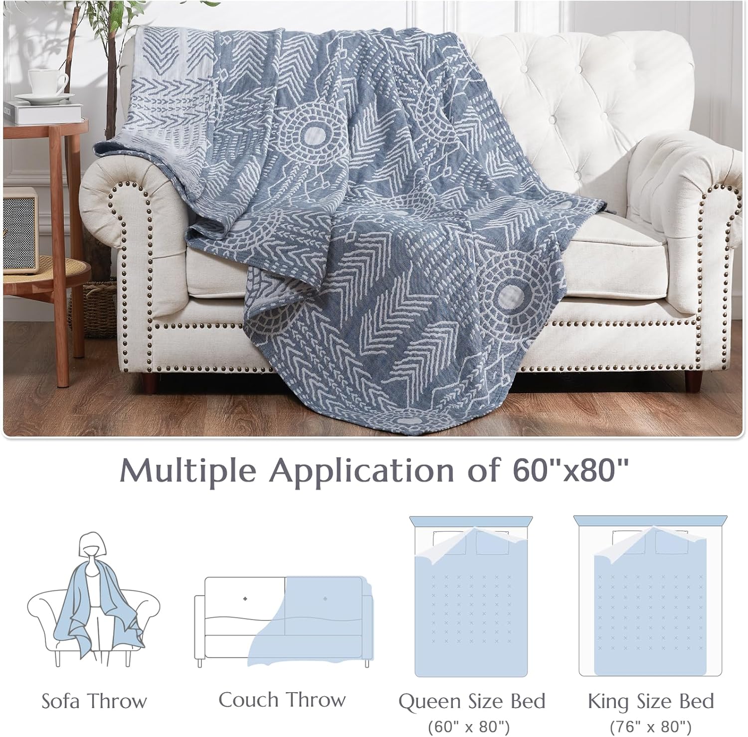 JINCHAN Boho 100% Cotton Muslin Blanket 3-Layer Twin Size Geometric Lightweight Reversible Soft Cozy Throw for Couch Sofa Bed All Season Coverlet Ideal Gift Bedroom Living Room Decor Blue 60x80 Inches - Image 5