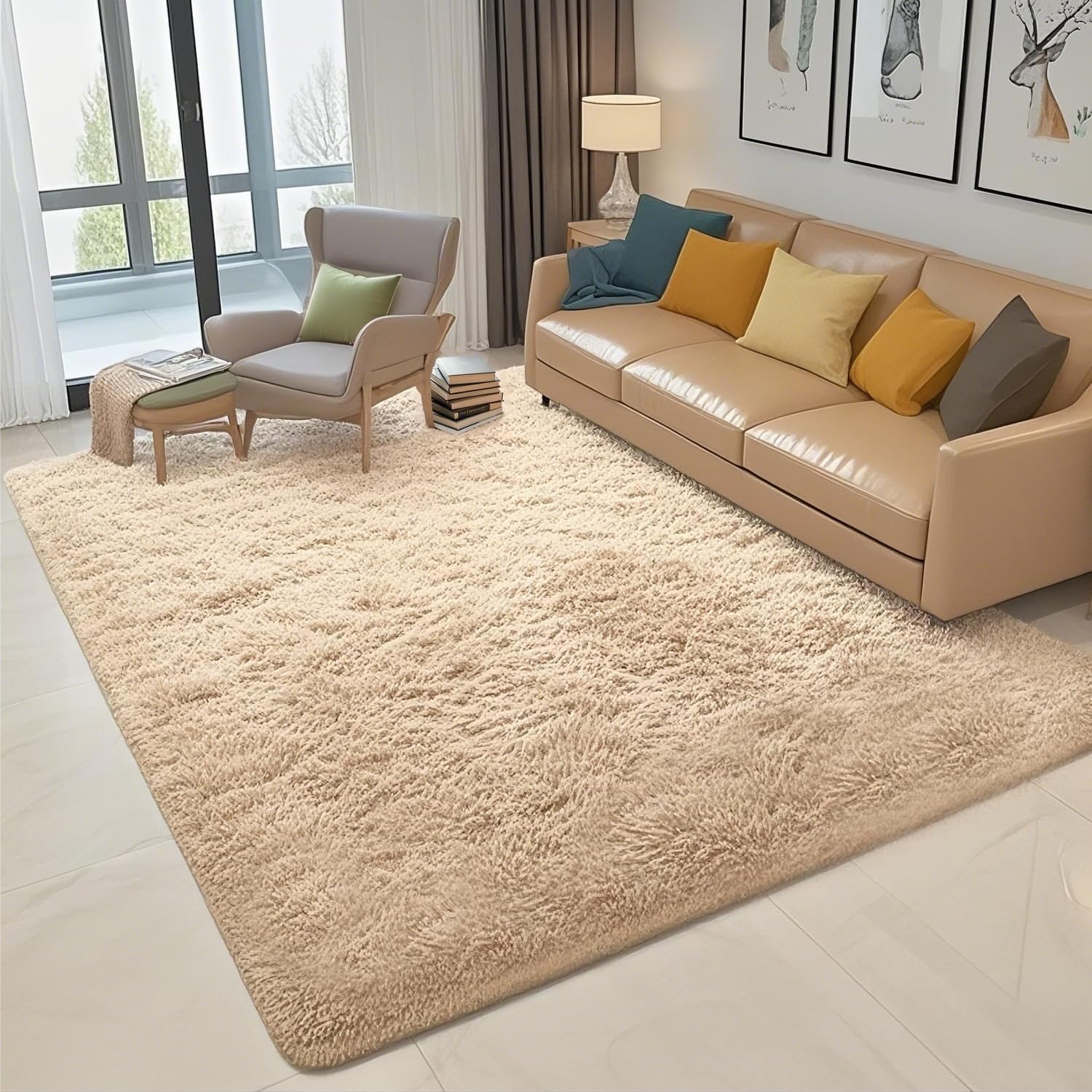 Modern Fluffy Area Rug, Shaggy Rugs for Bedroom Living Room Ultra Soft Shag Fur Carpets for Kids Girls Nursery Plush Fuzzy Rug Cute Home Decor Rug, 4'x 6', Light Tan