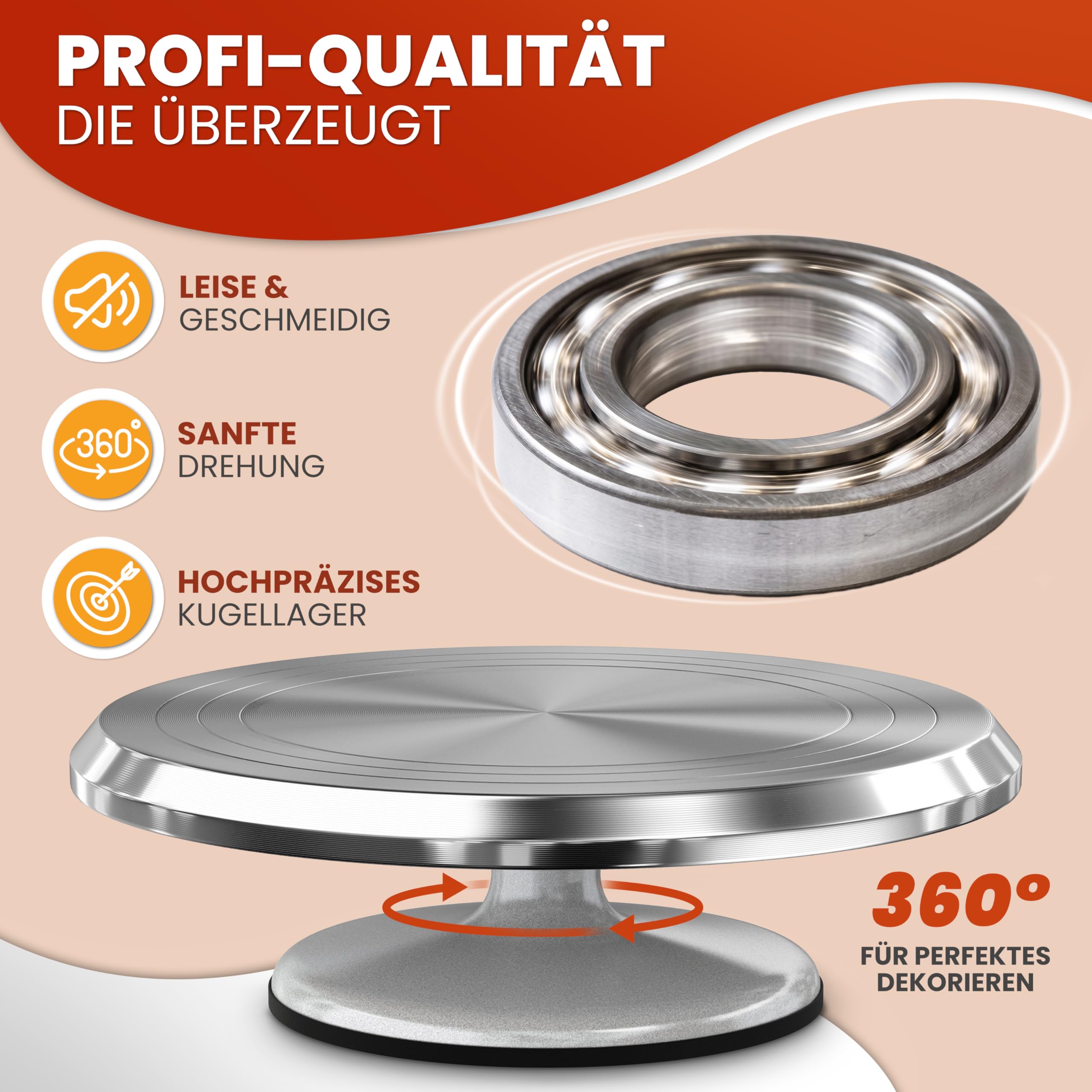 Profi Drehteller Torte (Set) – 30 cm Aluminium Tortendrehteller mit Antirutschboden inkl. 2 Winkelpalette & 3 Teigschaber aus Edelstahl | Stabile drehbare Tortenplatte mit Tortenzubehör