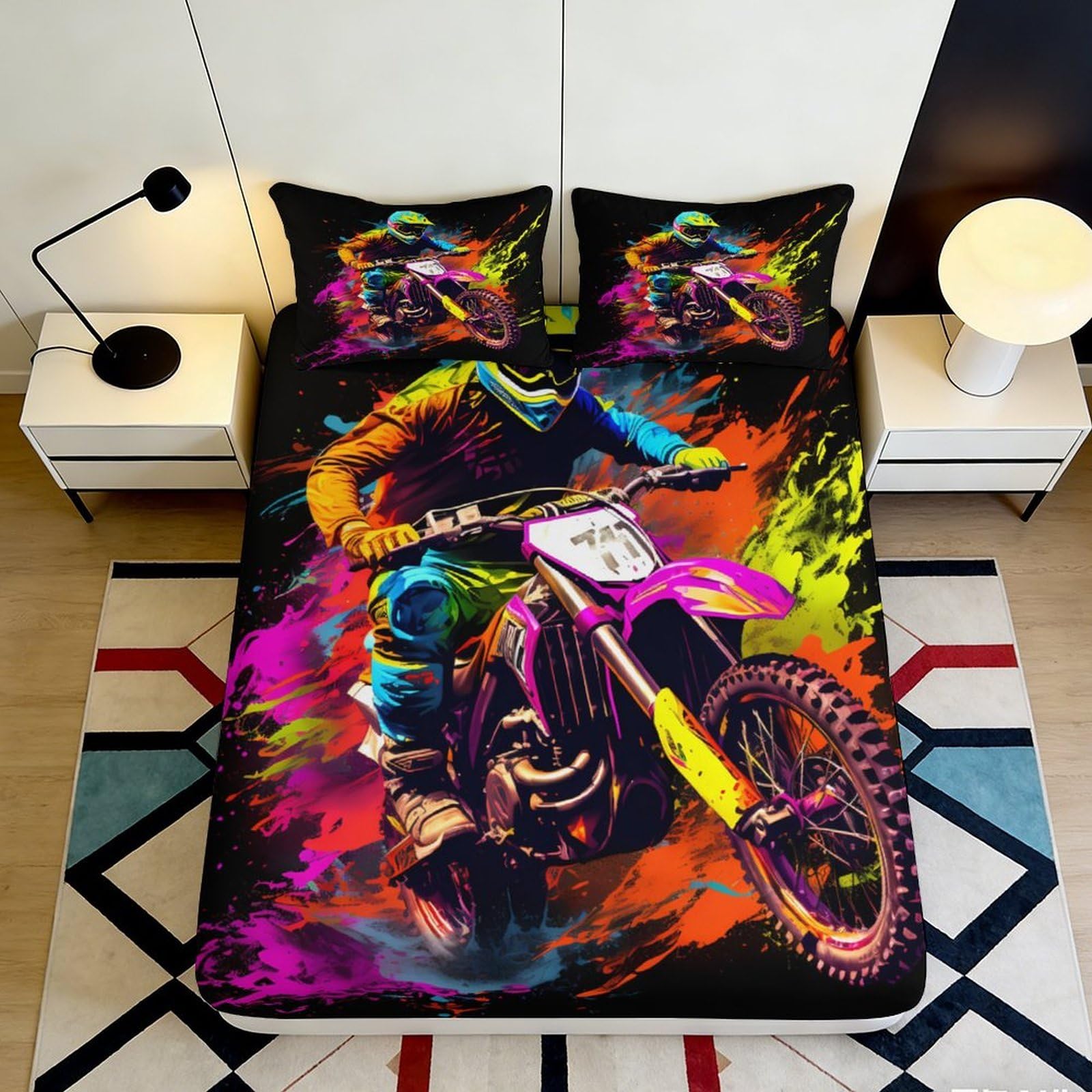 Pnayamiorkfel Style-7 3D Printed Neon Motocross Fitted Sheet Microfiber Soft Breathable Graffiti Bike Mattress Cover For Bedroom Decor 90X200x25cm