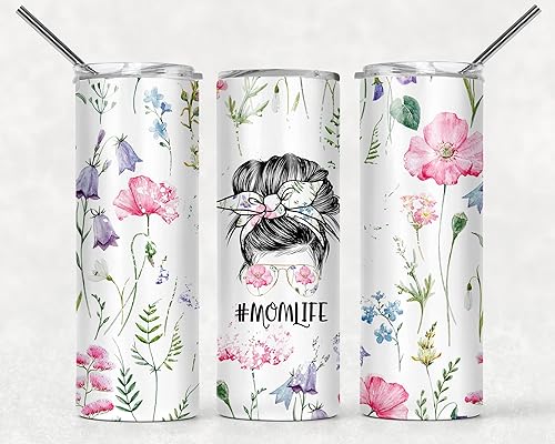 Mom Tumbler #Momlife momlife Messy Bun Skinny 20oz Stainless Steel Water Bottle Slim Travel Coffee Cup (Pink Floral)
