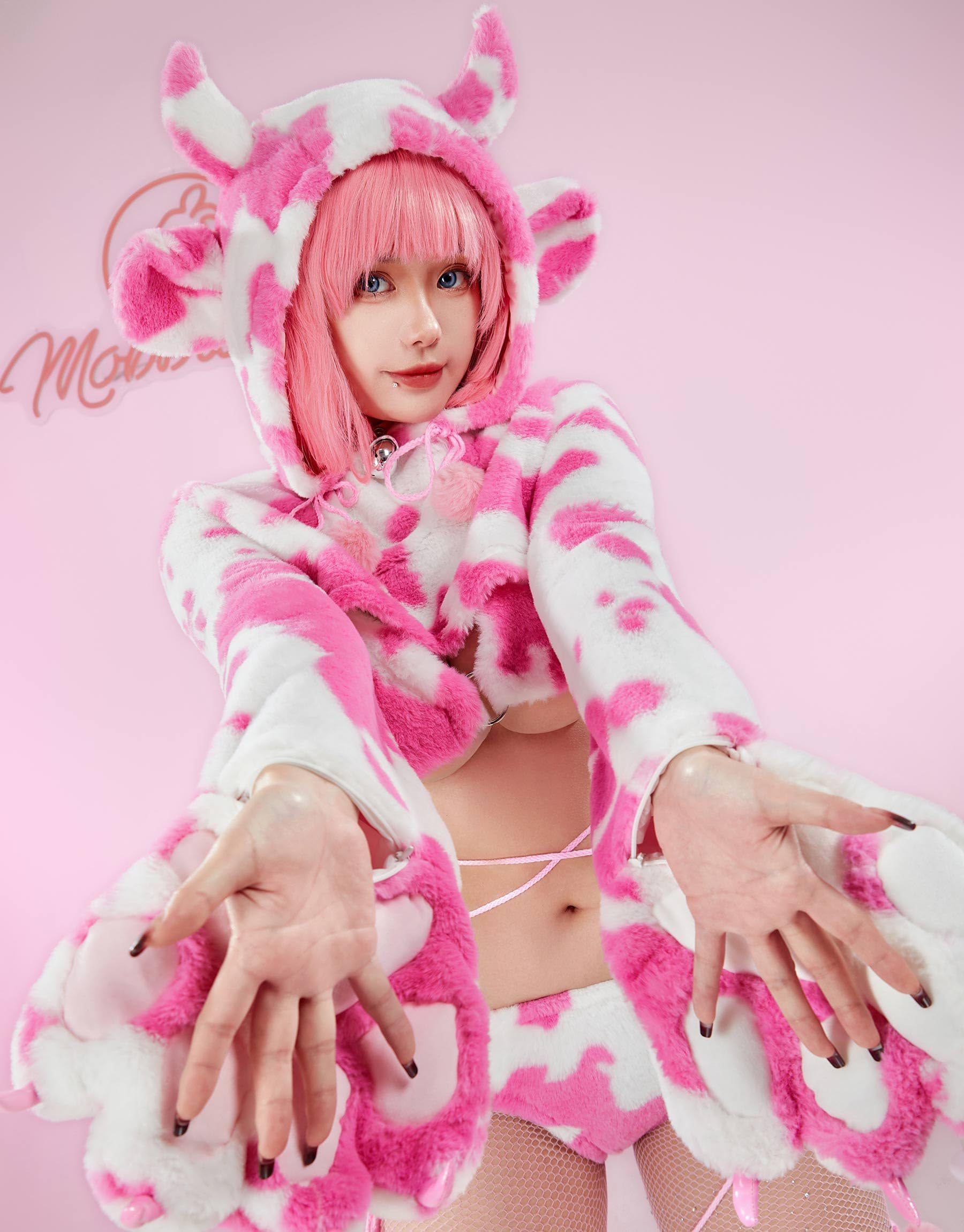 Mobbunny Women's Anime Cute Pajamas Set Cow Print Cosplay Lingerie Furry Paw Set Fuzzy Hoodie Top and Bra Panty Outfit