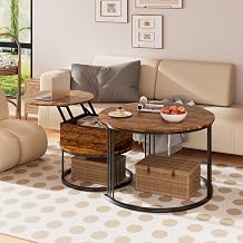 Round Nesting Coffee Table – Set of 2 Living Room Tables with Lift Up Top & Built-in Storage (Diameter 70/50 cm), Space Saving Solution for Living Room, Office, Relaxation Area