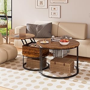 Mesa de Centro Redonda – Juego de 2 Mesas Nido de 70cm/50cm, Tapa Elevable Hidráulica con Almacenamiento Oculto, Mesa Central para Sala de Estar, Espacios Pequeños, Oficina en Casa