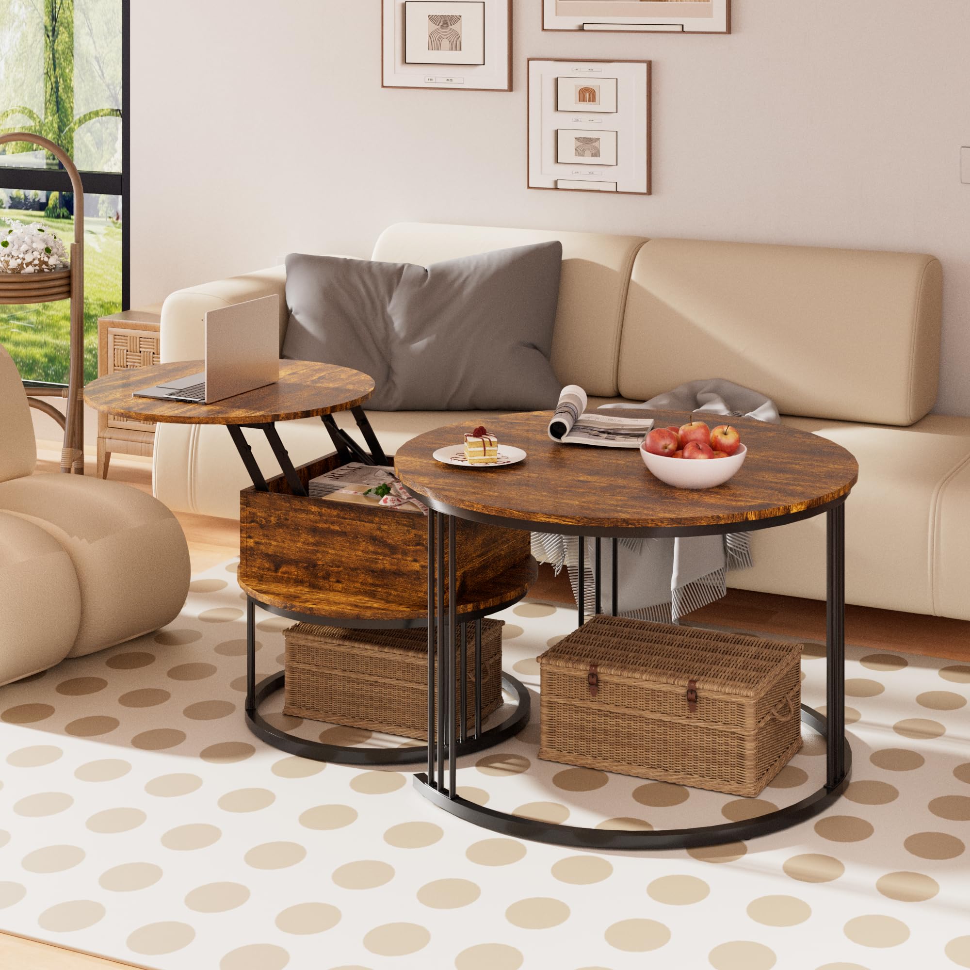 PURFINO Round Coffee Table - 70cm/50cm Nesting Tables Set of 2, Hydraulic Lift-Top with Hidden Storage, Centre Table for Living Room, Small Space, Home Office