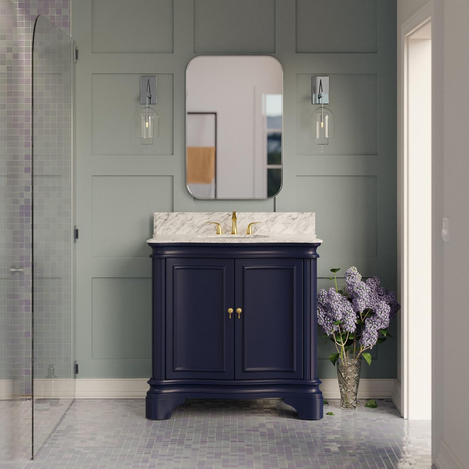 Kitchen Bath Collection Katherine 36-inch Bathroom Vanity (Carrara/Royal Blue): Includes Royal Blue Cabinet with Authentic Italian Carrara Marble Countertop and White Ceramic Sink