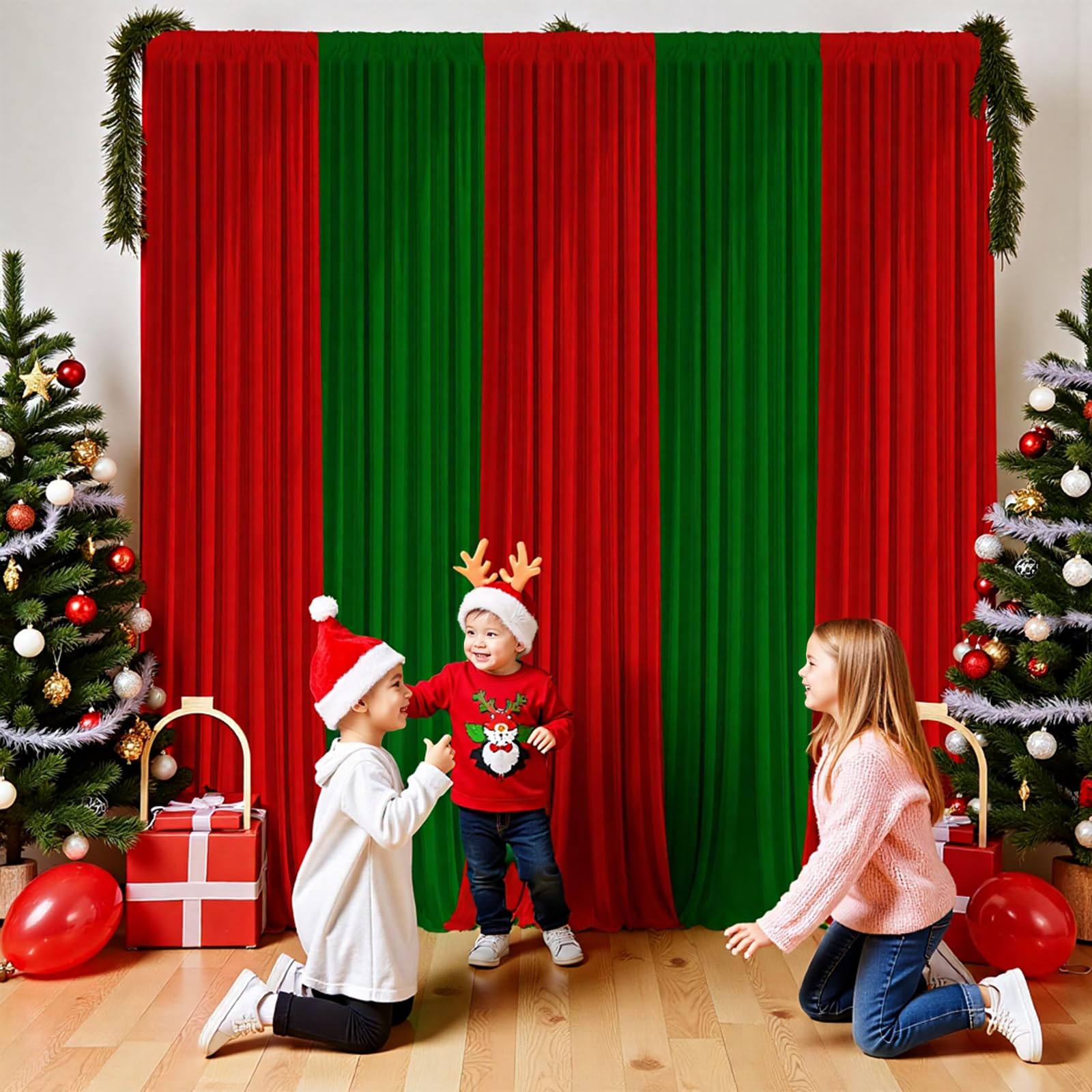 GEWONELIFE Christmas Backdrop Curtain - 10×10ft Red & Green Holiday Party Background Decor for Xmas Tree Photos, Home Festive Wall, Mall Santa Booth,