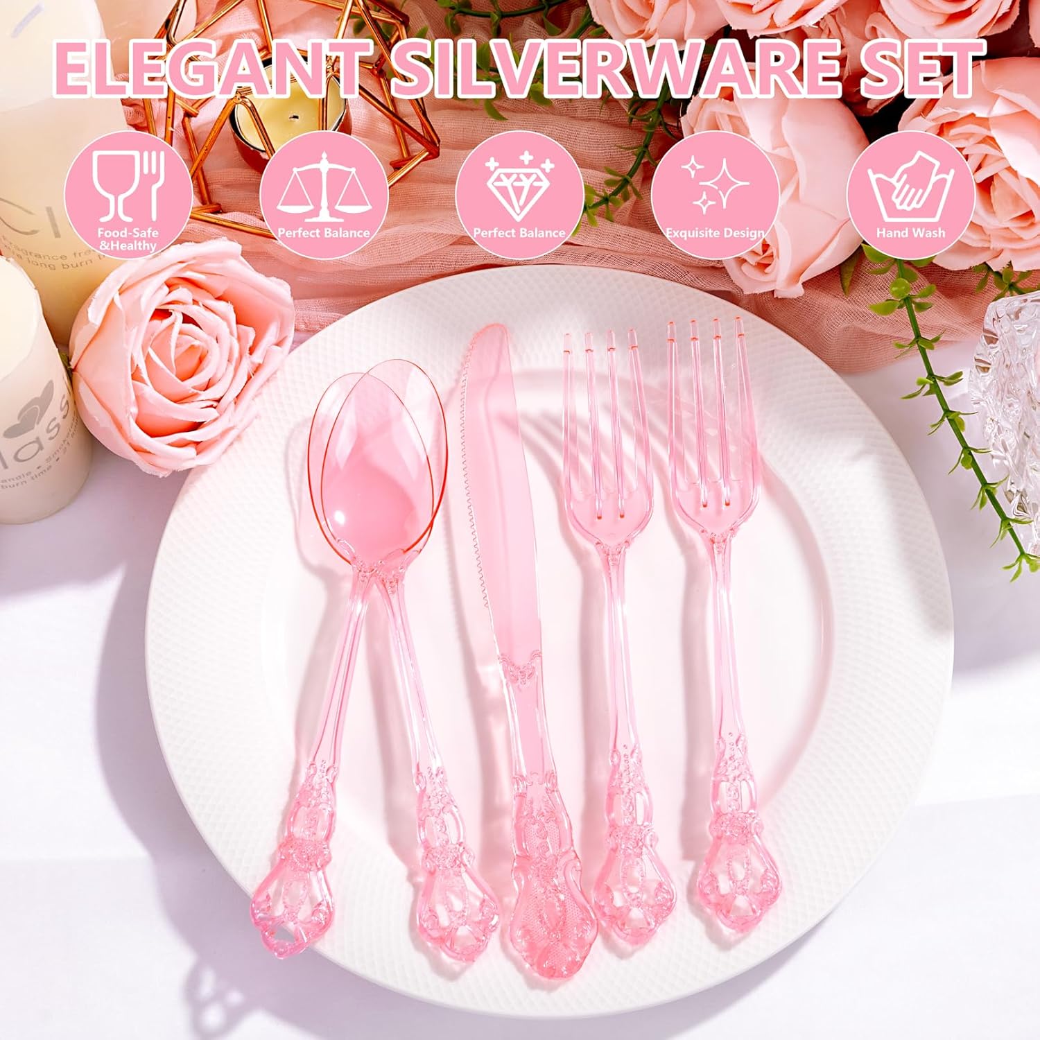 150PCS Pink Plastic Silverware - Heavy Duty Elegant Disposable Utensils - Vintage Baroque Cutlery Set Disposable Includes 50Forks, 50Spoons, 50Knives for Dinner Party Wedding Mother's Day