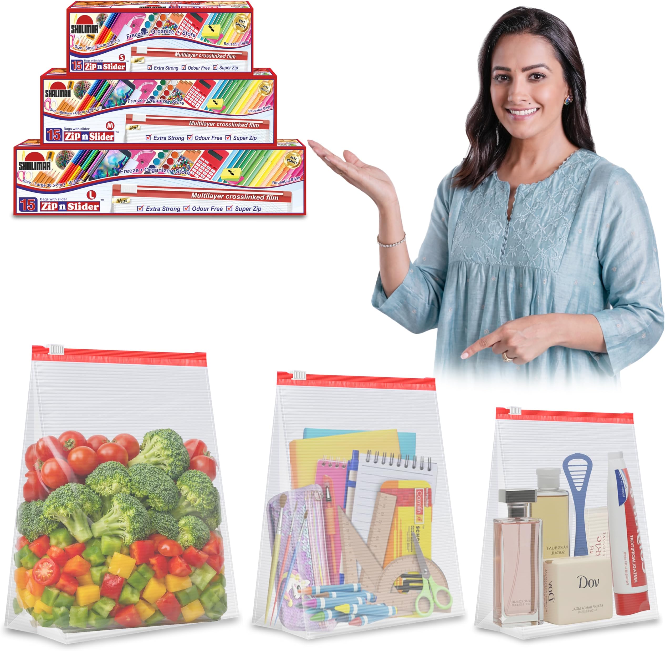 Shalimar Zip Lock Slider Bag Combo Pack – Reusable & Reclosable – 45 Bags (Small + Medium + Large) – Zip Lock/Vegetable/Fridge/Multi-Purpose Storage Bags with Slider Lock