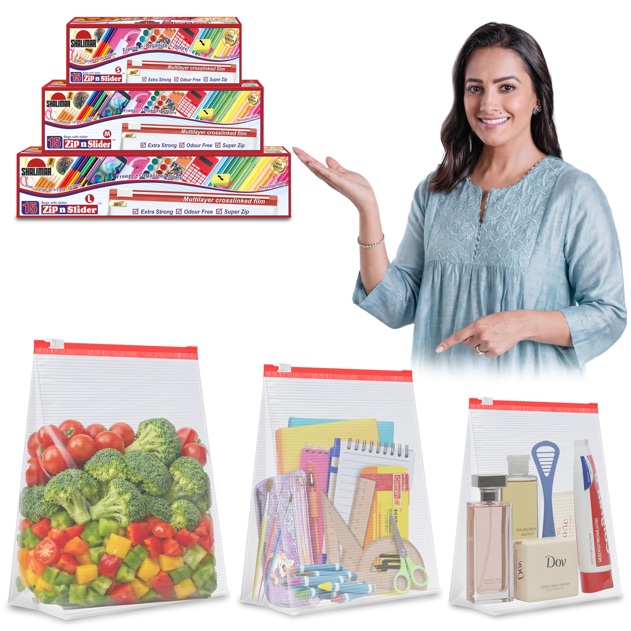 Shalimar Zip 'N' Slider Bag Combo Pack Size (Small + Medium + Large) Zip Lock/Vegetable/Fridge/MultiPurpose Storage Bag (Pack of 45 Bags) Reusable and Reclosable with Slider Lock-image-39