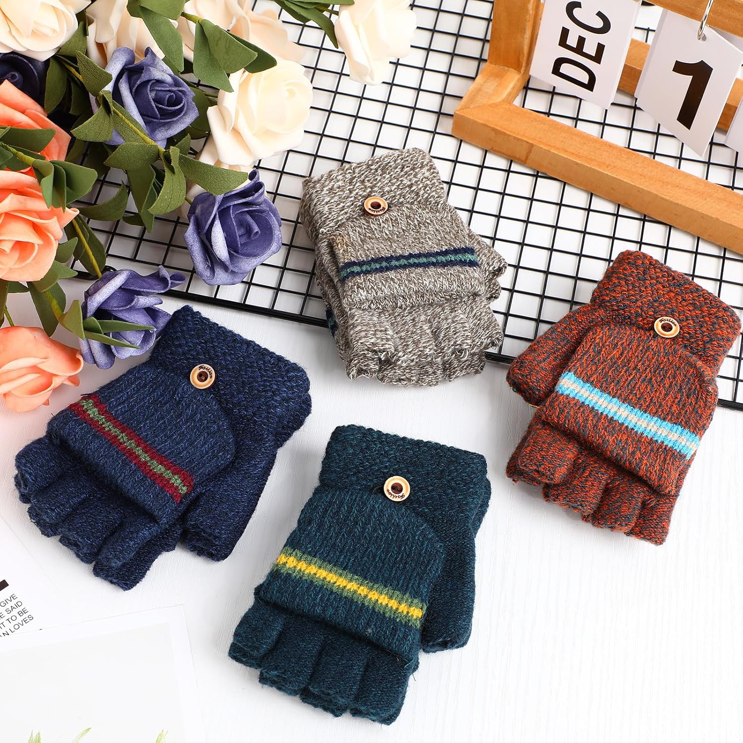 Yahenda 4 Pairs Kids Mittens Fingerless Gloves Winter Knitted Convertible Mittens for Toddler Boy Girl Aged 5-10 - Image 7