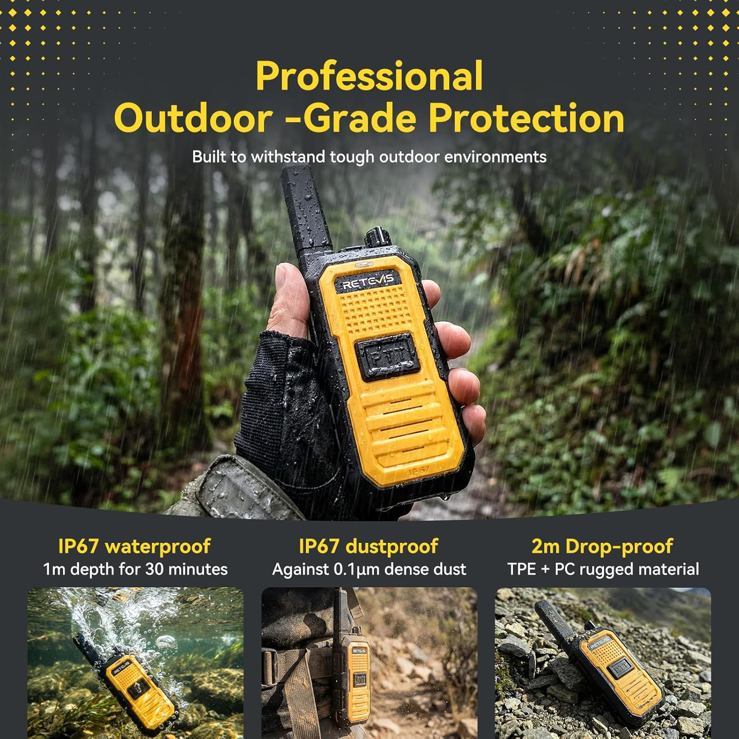 Retevis RB48A Floating Waterproof Walkie Talkies Long Range, Heavy Duty-FRS-Noise Reduction Two-Way Radios with Earpieces, IP67, NOAA Weather Alerts, 23-Hour Rechargeable Battery (2 Pack)