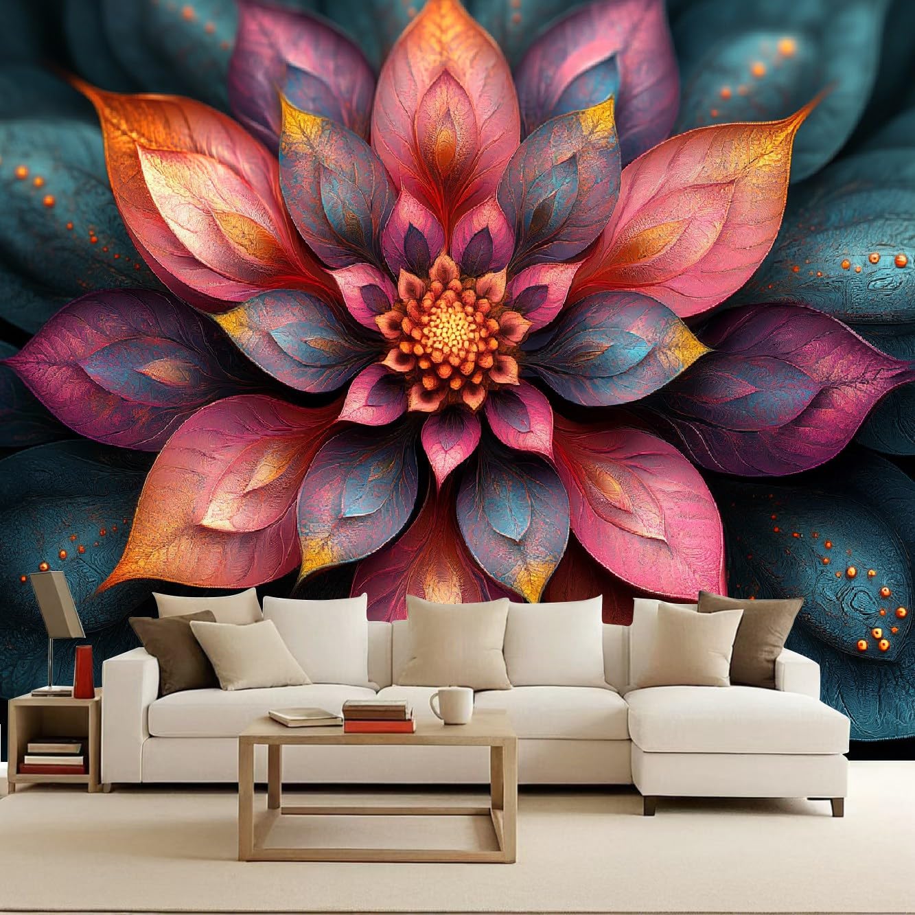 Fototapeta XXL, 500 x 280 cm, kwiaty, panorama, salon, sypialnia, tapeta ścienna, mandala, tapeta z włókniny, ciemna, gotycka estetyka, odporna na promieniowanie UV, bezzapachowa, gotowa do montażu
