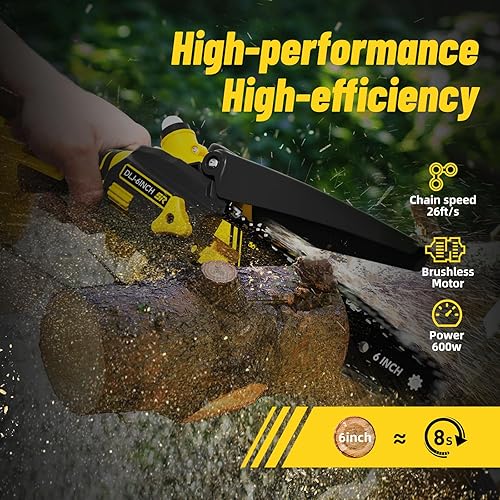 Vista 3 de Mini motosierra inalámbrica de 6 pulgadas, sierra de podar a batería, potente motosierra eléctrica con engrasador automático, motor sin escobillas