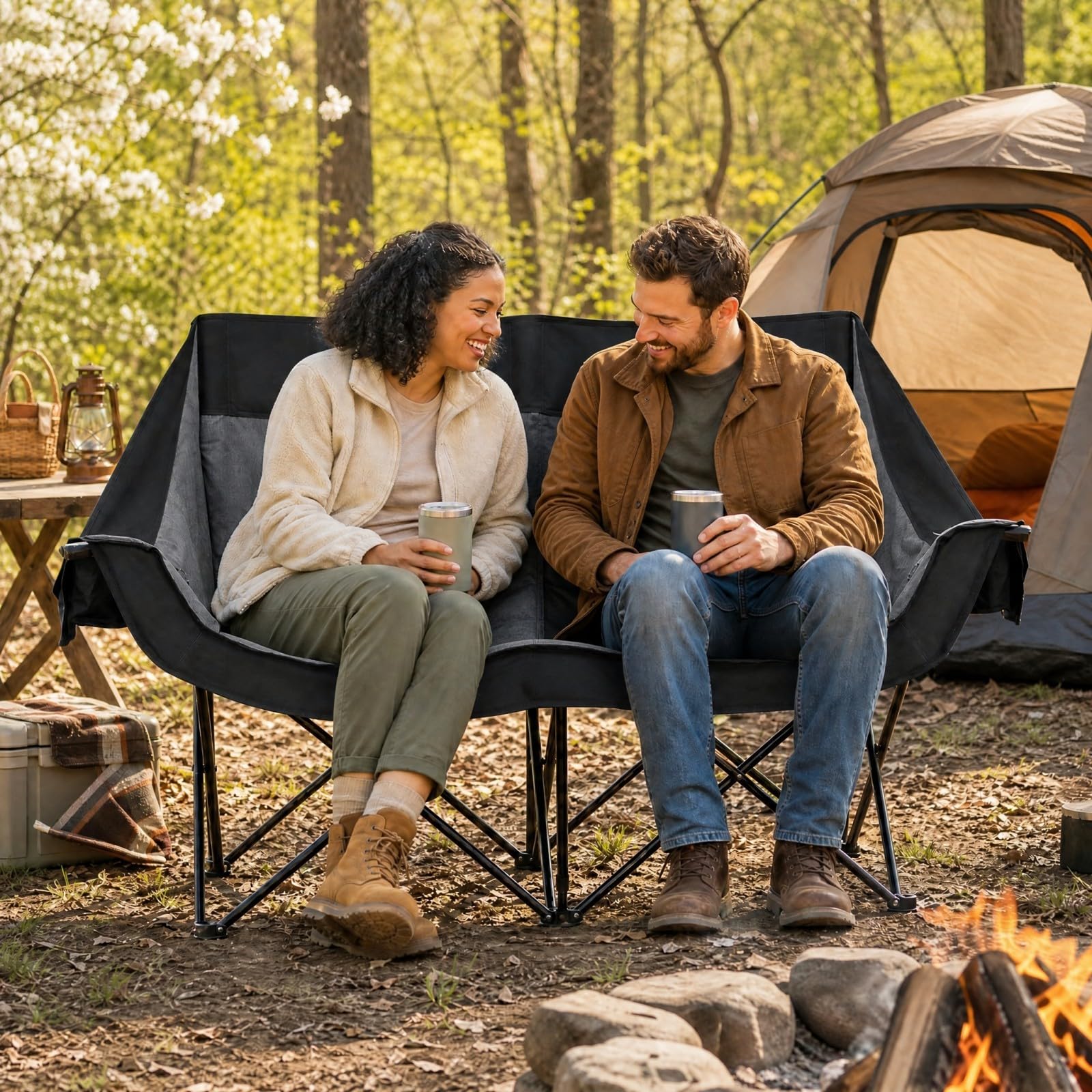 GOPLUS Silla de Camping para 2 Personas con Calefacción,Carga 300 kg | Sillón Plegable Acolchado con 3 Niveles de Calefacción, Portavasos, Bolsillos y Bolsa de Transporte para Campaña y Jardín
