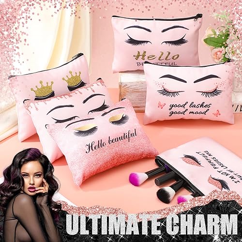 Miniatura 3 de Gerrii 6 bolsas de maquillaje Hello Gorgeous de lona rosa para pestañas, bolsa de cosméticos pequeña para pestañas, bolsa de viaje, regalo