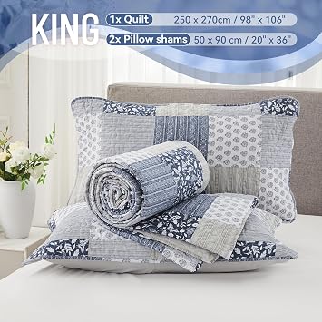 Cozyholy Navy Blue Gray Quilt Set Full Queen Size Patchwork Quilted Bedspread Coverlet Set 3 Piece Plaid Reversible Lightweight Bedding Comforter Set Stitched Bed Cover Blanket with Pillow Shams
