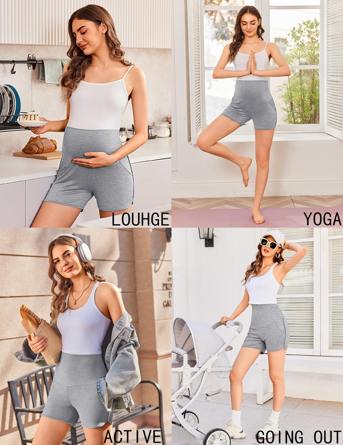 Ekouaer Maternity Shorts Over The Belly Pregnancy Lounge Summer Workout Pajama Sleep Shorts with Pockets - Image 4