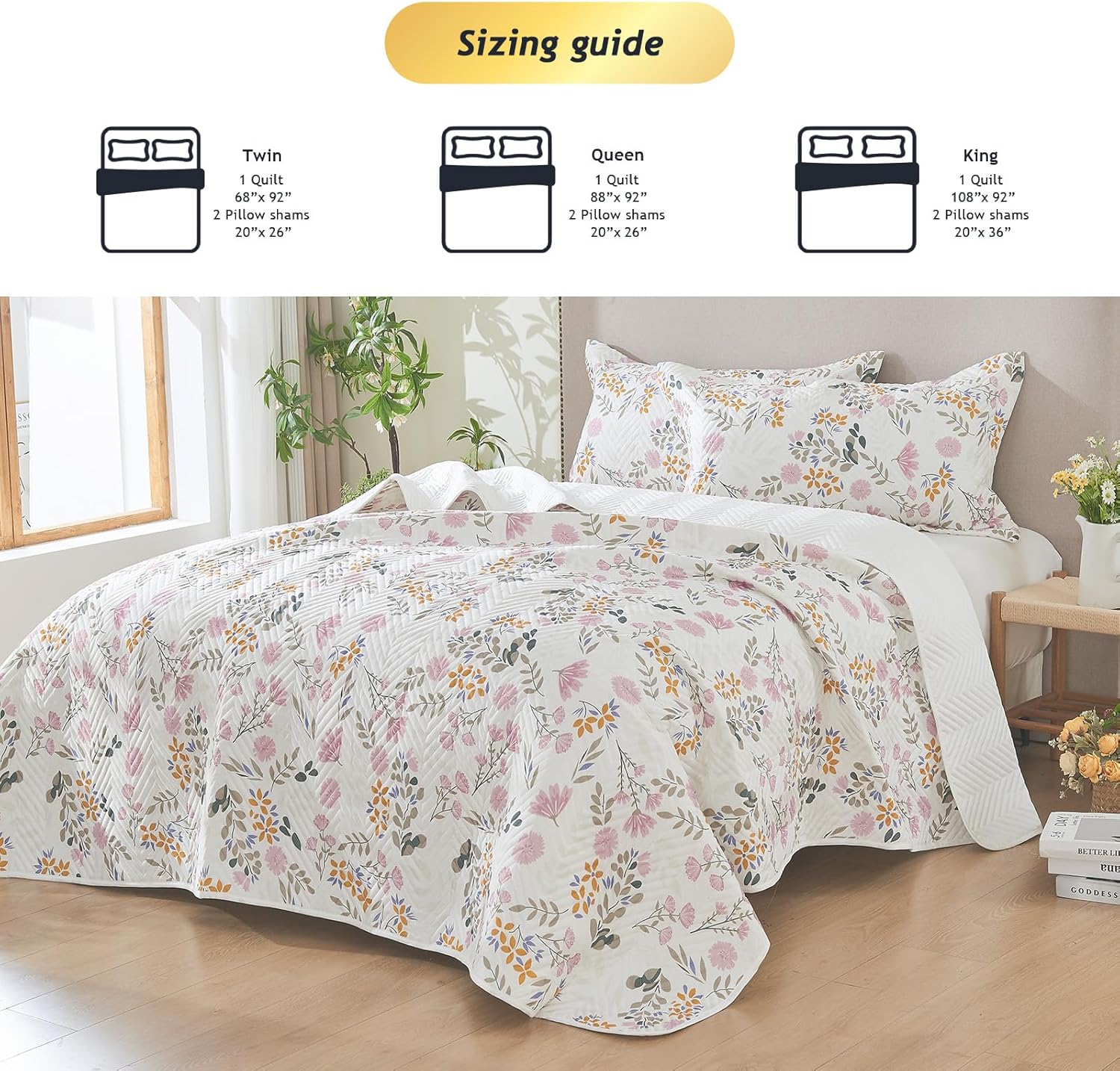 kingrest Luxury Floral Print 100% Cotton Quilt Set Queen Size, Oversized Bedspread Coverlet Quilted Bedding Set, with 2 Matching Pillowcases, for All Season - Pink Floral (Queen, Pink Floral)