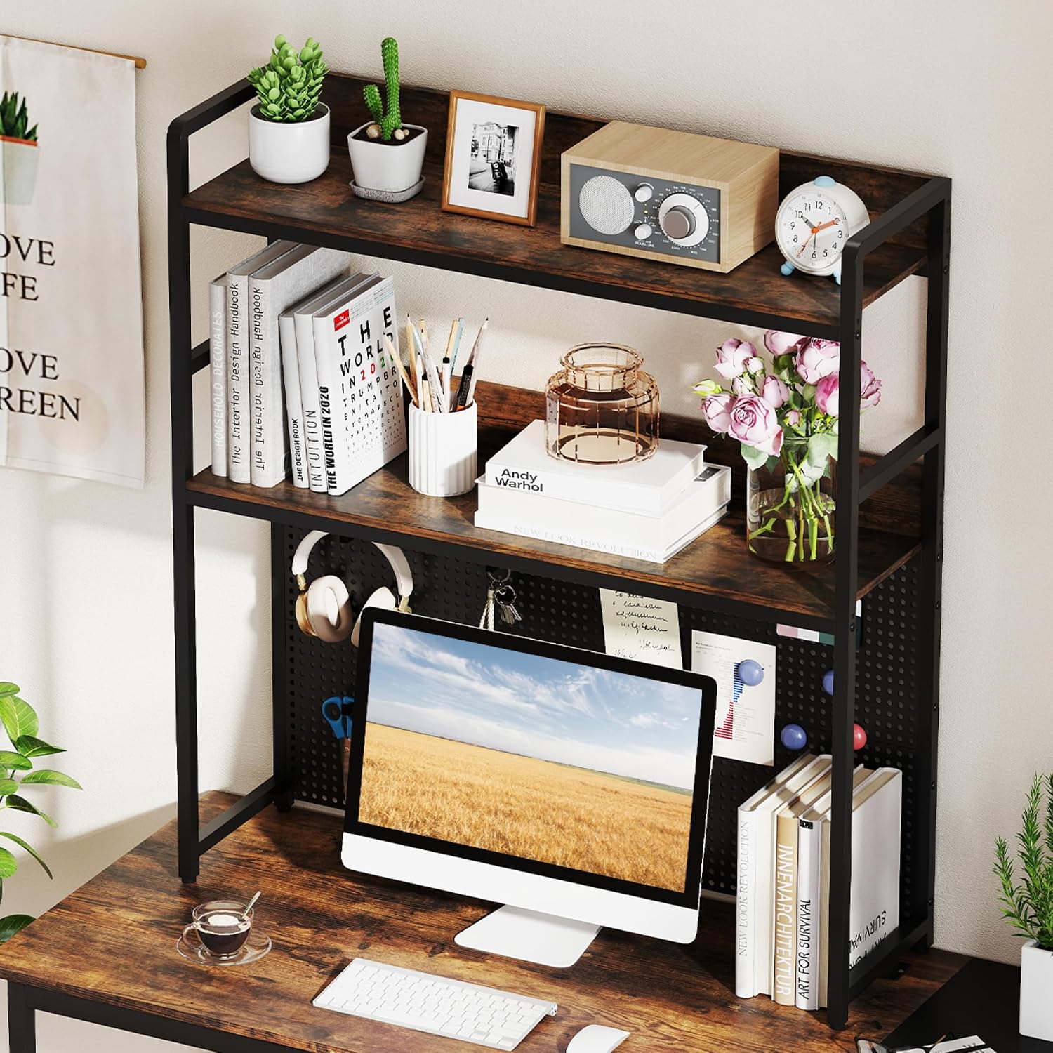 Tangkula Desktop Bookshelf, Multipurpose 2-Tier Desk Hutch with Pegboard, Industrial Countertop Storage Organizer Rack for up to 32" Computer Monitor, Hutch for Dorm Home Office (Rustic Brown)