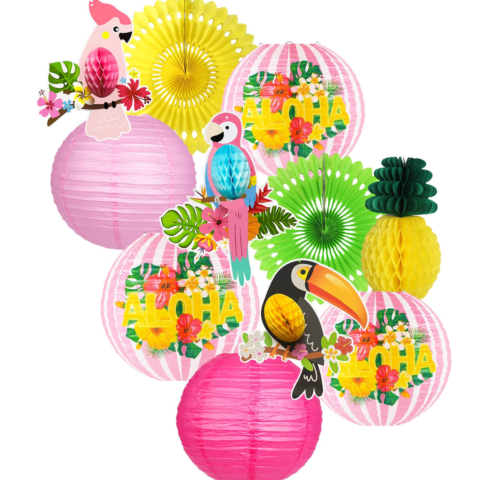 zilue Luau Party Decorations, Aloha Paper Lanterns Tropical Parrot Birds Tissue Paper Fans Pineapple Honeycomb Decorations for Beach Pool Flamingo Moana Birthday Party Supplies