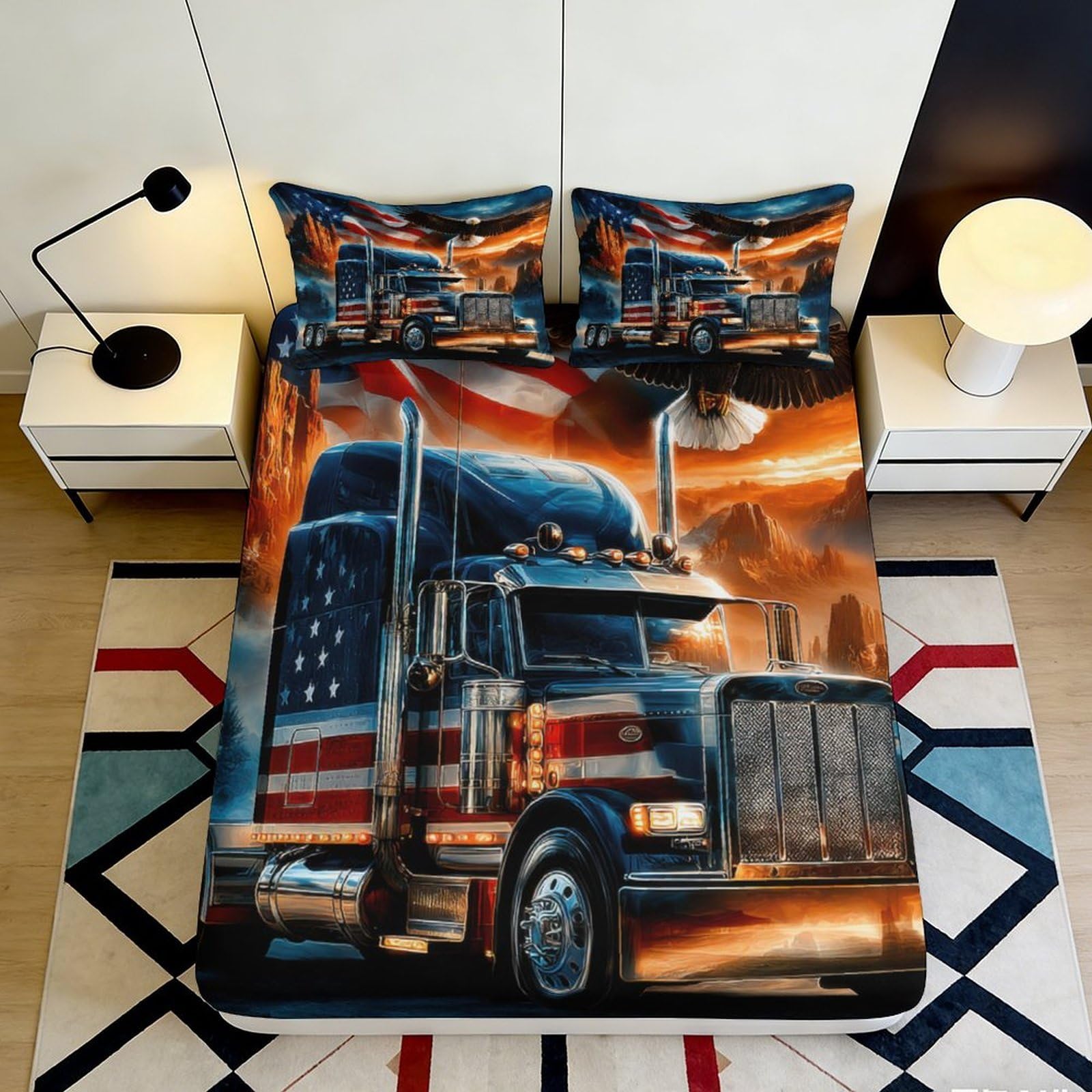 Uxinyoume Style-8 3D Printed American Truck Fitted Sheet Microfiber Soft Decorative Fire Sunset Bed Cover For Bedroom Guest Room 90X200x25cm