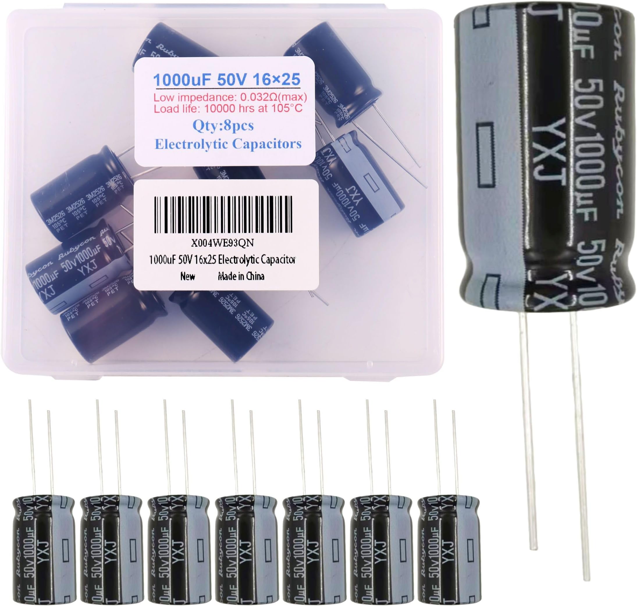 - 1000uF 50V 16x25mm Rubycon Electrolytic Capacitor Low Impedance 0.032Ω Load Life 10000 hrs at 105°C 0.63x0.98in MFD Radial Lead Aluminum Capacitors (8 Packs)