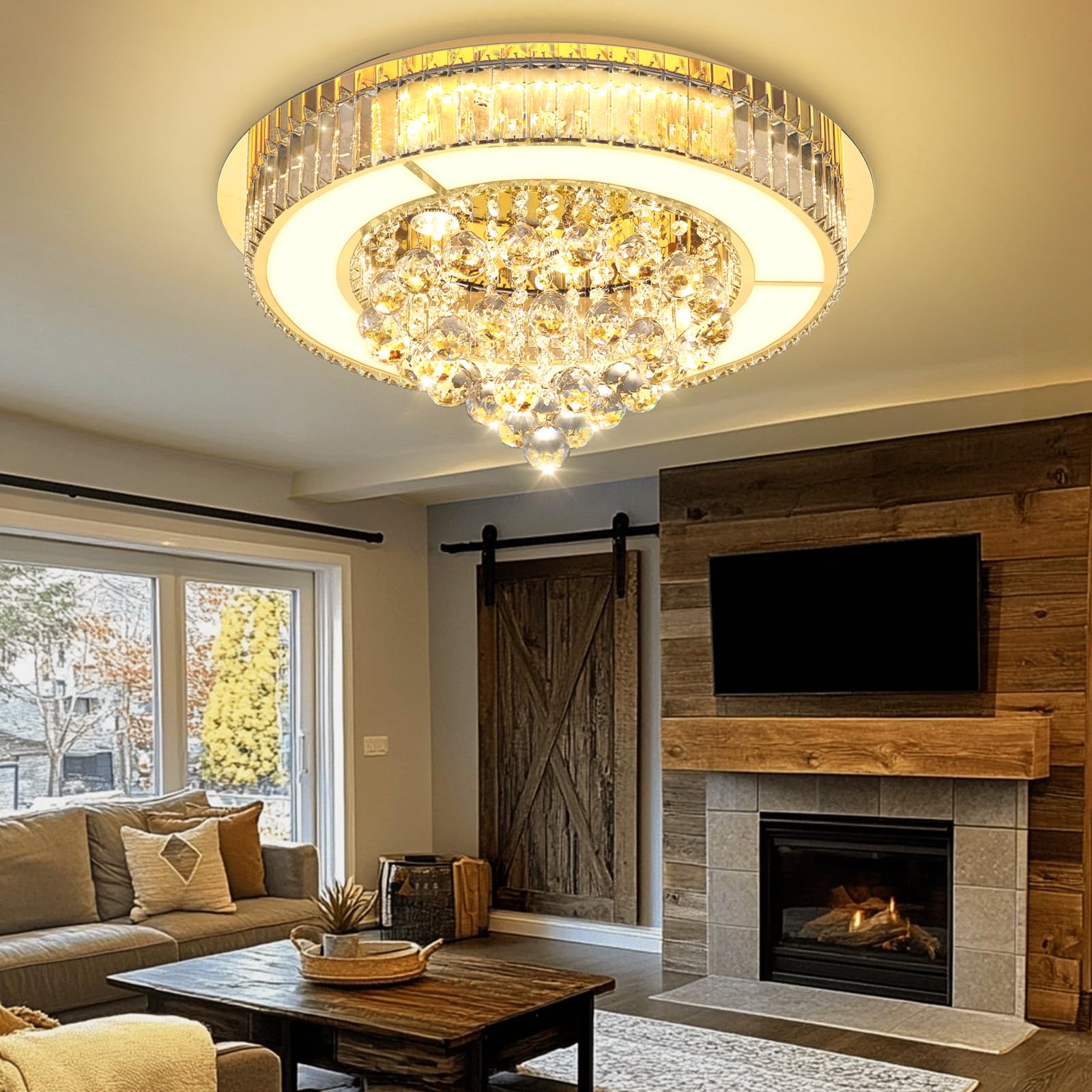 Photo 1 of AFQEJG 24" Modern Crystal Dimmable Chandeliers for Living Room LED Chandeliers Flush Mount Ceiling Light Fixture Dining Room Bedrooms Gold