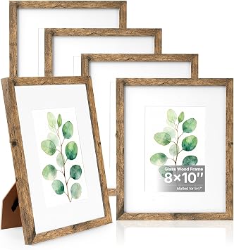 HOUSE DAY 8x10 Picture Frame Set of 5, Tempered Glass, Rustic Brown | Farmhouse Wood Photo Frames, Fits Photo 8x10 without Mat or 5x7 with Mat, 8 by 10 Picture Frame for Wall or Tabletop Display
