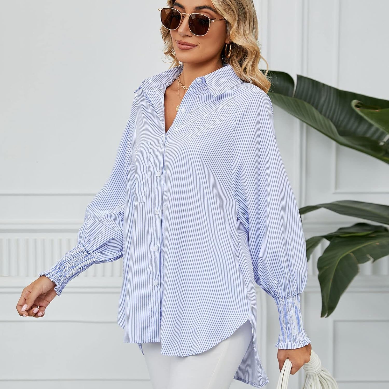 Lu's Chic Women's Long Sleeve Shirt Soft Stripe Blouse Top Boyfriend Work Bishop Sleeve Button Down Shirts - Image 3
