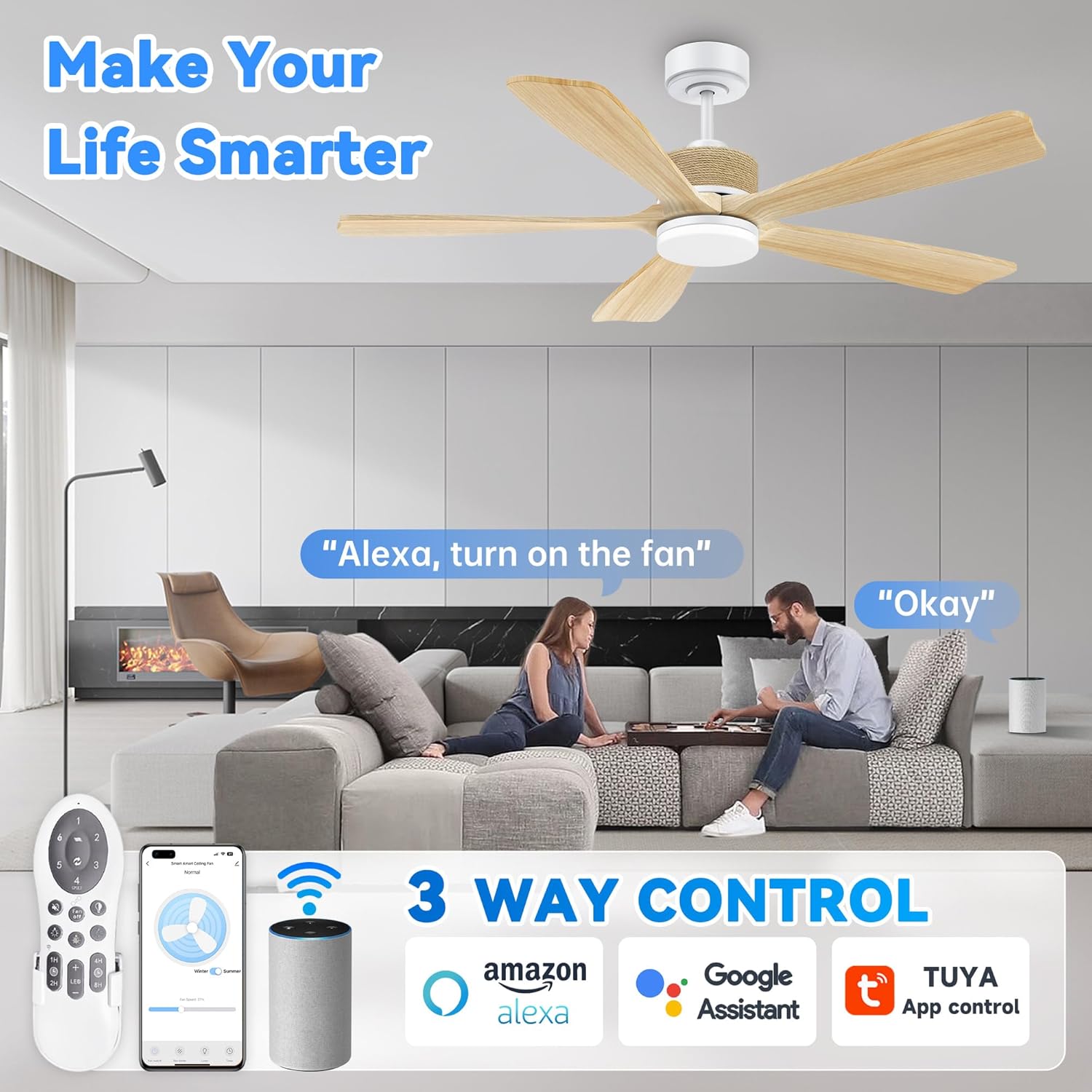 52 Inch Solid Wood Ceiling Fan with Lights, Smart Ceiling Fan Voice Control (Alexa/Google), Dimmable LED, Eco-Friendly Wood,Quiet DC Motor, Modern Ceiling Fan for Bedroom, Patio, App & Remote Control