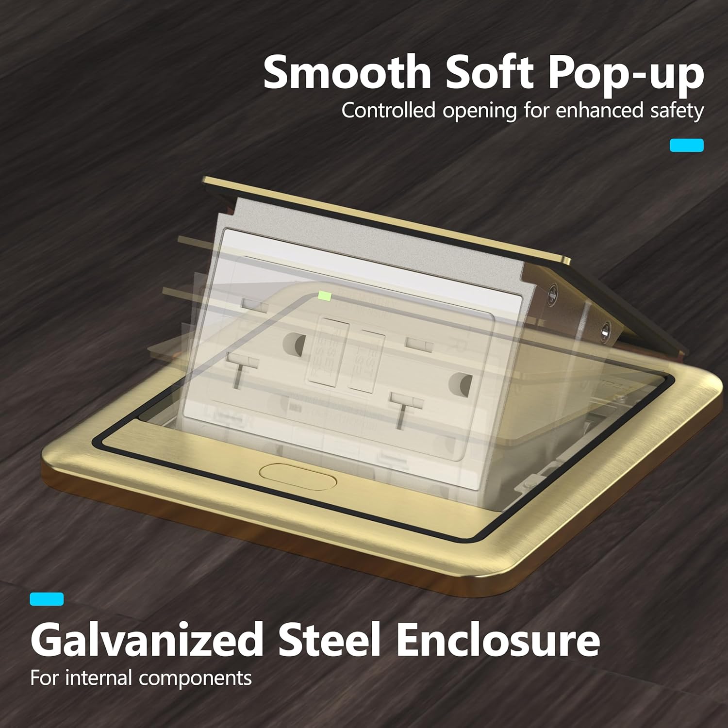 LIDER Soft Pop-Up Floor Box Kit, 20A GFCI Tamper-Resistant Receptacle, Trip Level 5mA; Galvanized Steel Enclosure, ETL-Listed, Brushed Brass