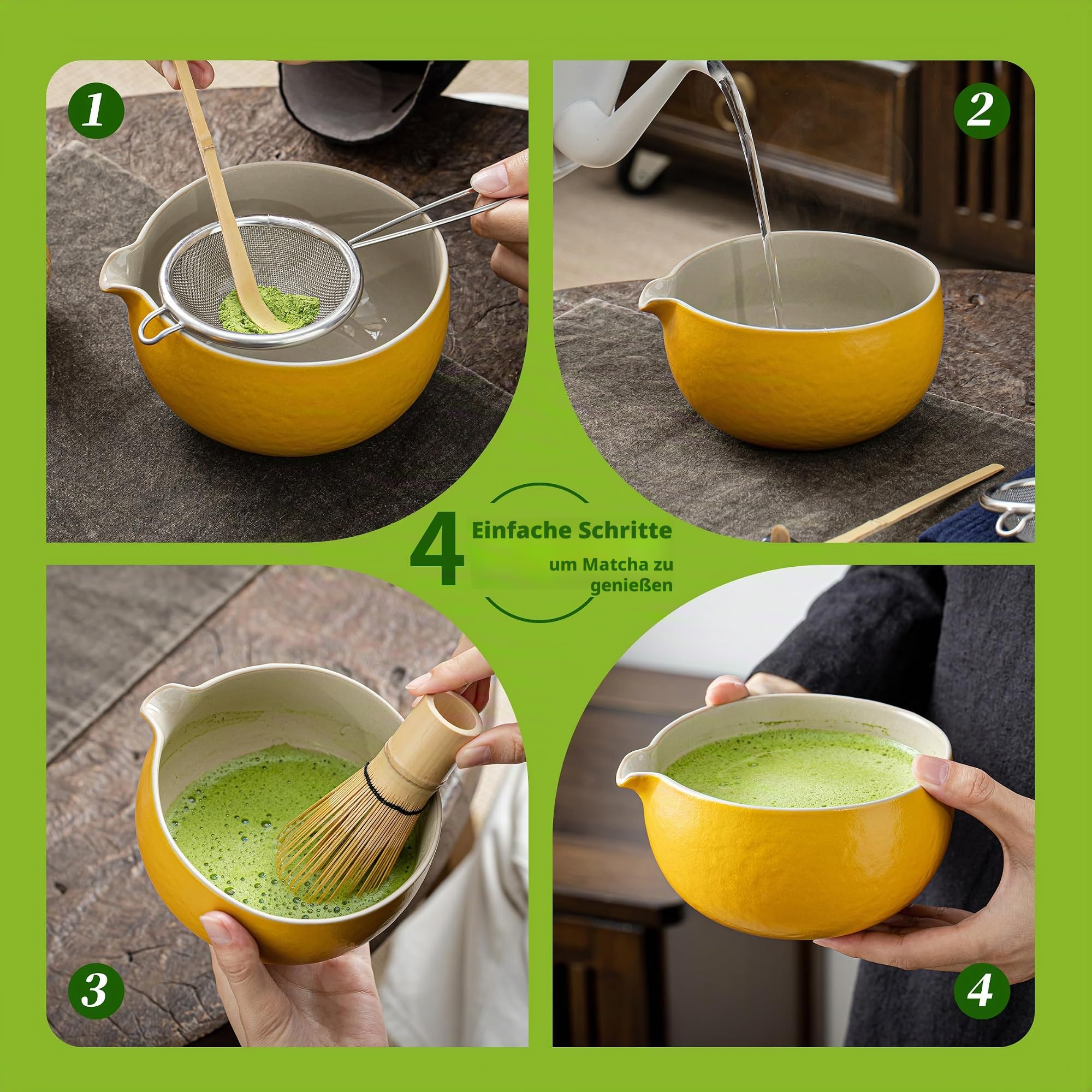 Japanisches Tee-Set (7 Stück) Matcha-Schneebesen-Set Matcha-Schüssel mit Ausgießer Bambus-Matcha-Schneebesen (Chasen) Schaufel (Chashaku) Matcha-Schneebesenhalter Teezubereitungsset. N18, Orange
